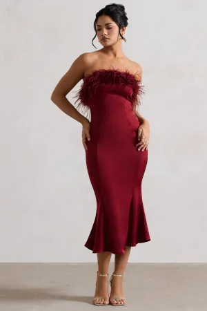 One And Only | Berry Satin Feather Trim Bandeau Midi Dress Club L London