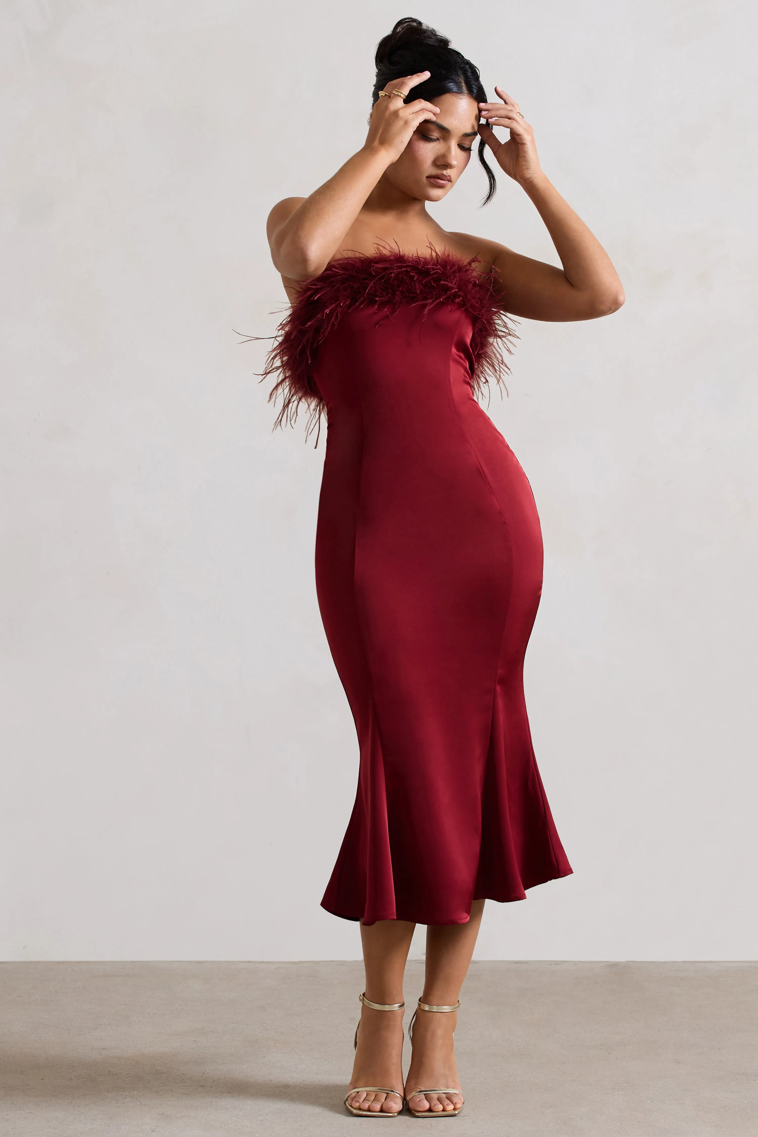 One And Only | Berry Satin Feather Trim Bandeau Midi Dress Club L London