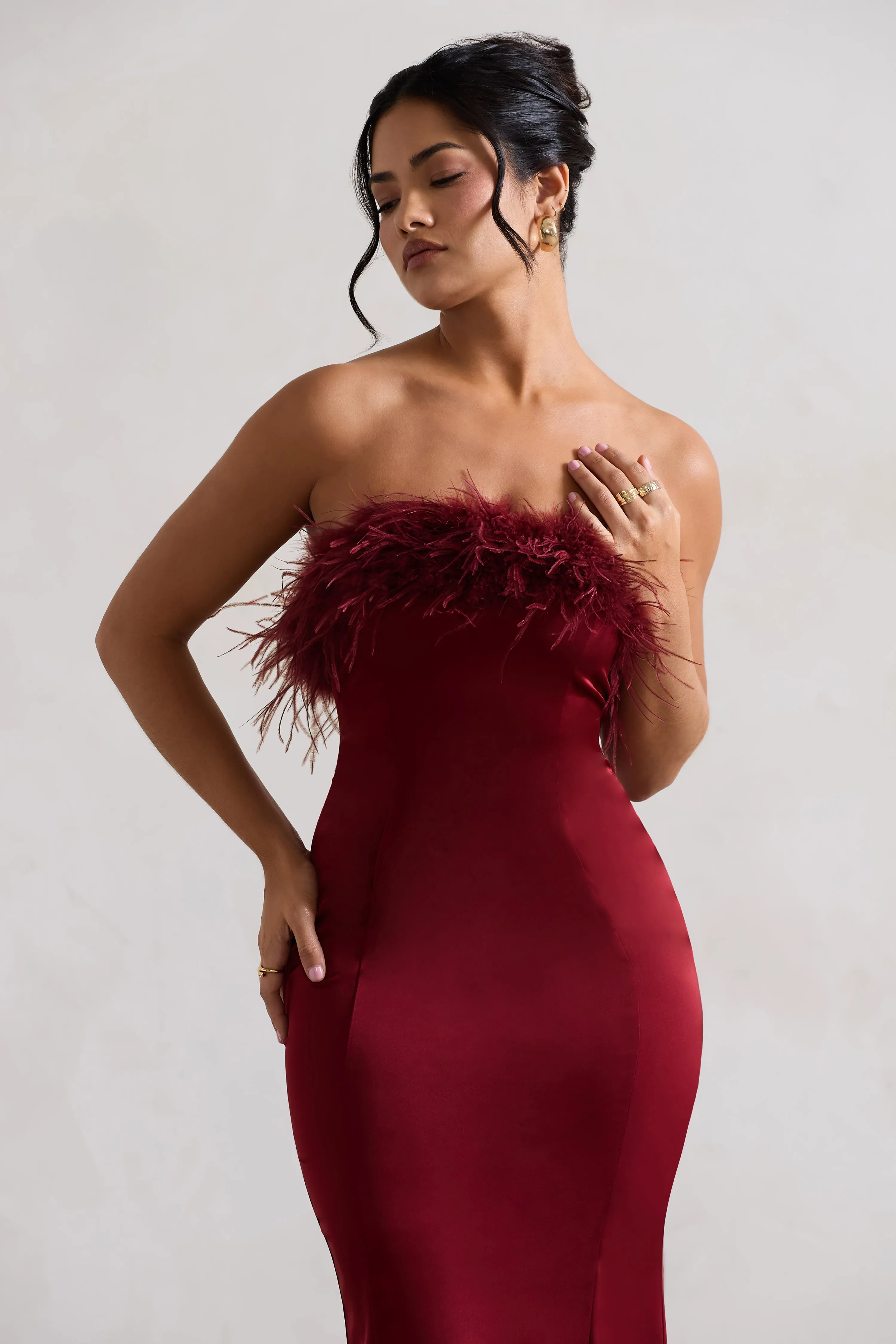 One And Only | Berry Satin Feather Trim Bandeau Midi Dress Club L London