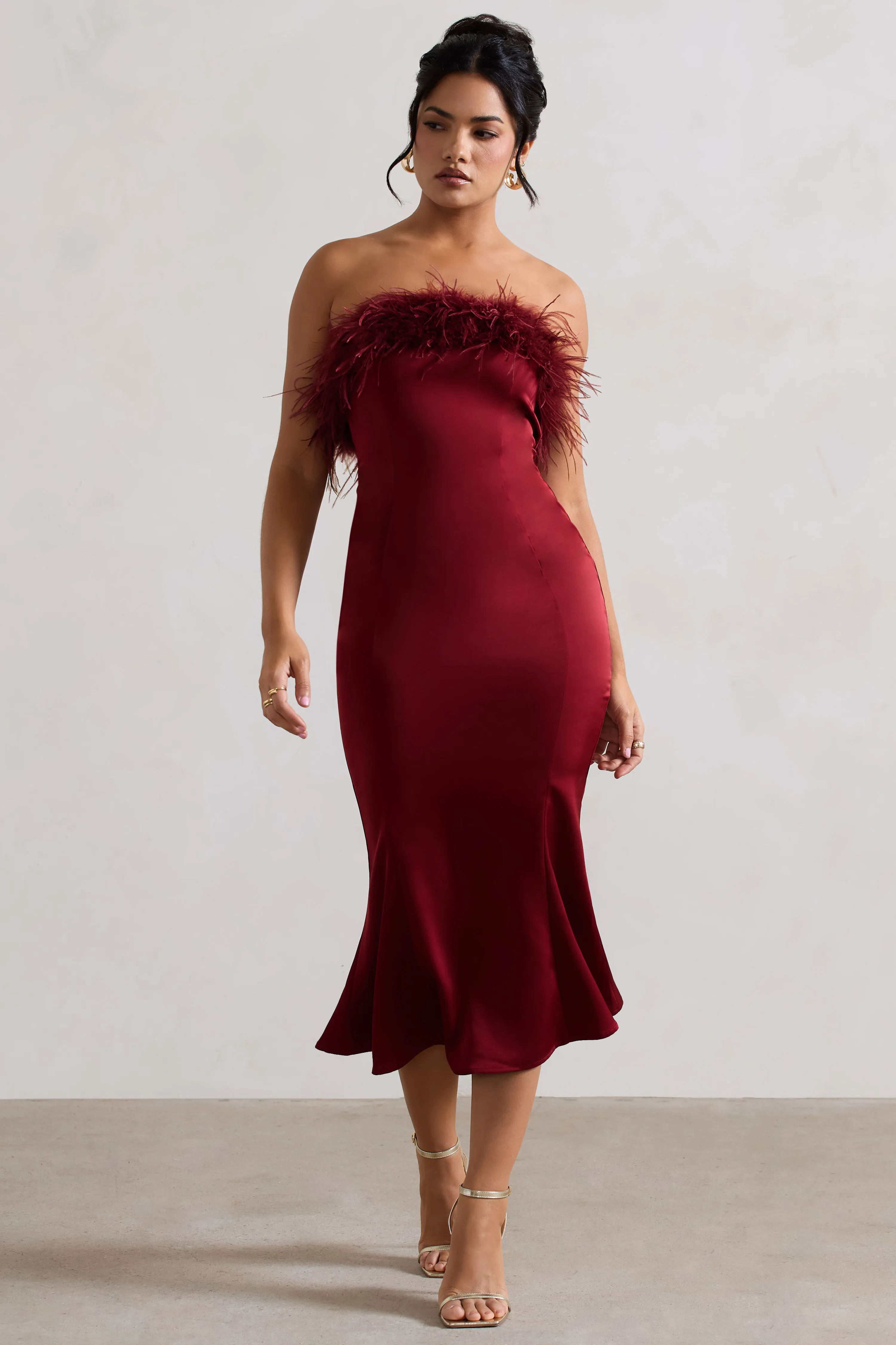 One And Only | Berry Satin Feather Trim Bandeau Midi Dress Club L London