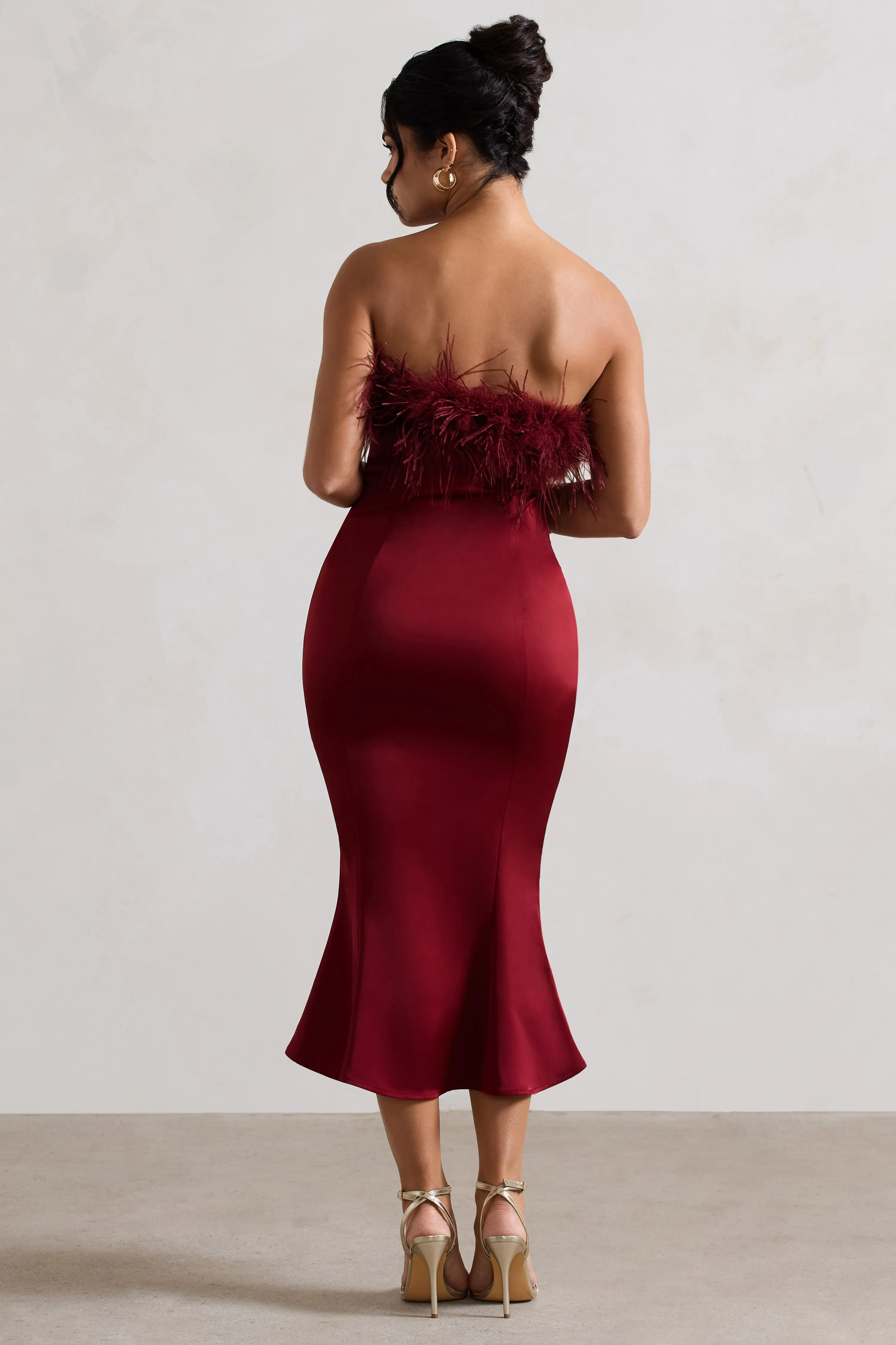 One And Only | Berry Satin Feather Trim Bandeau Midi Dress Club L London