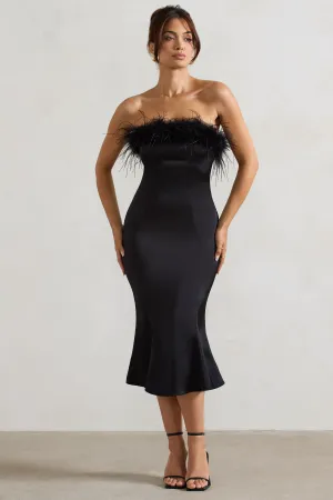 One And Only | Black Satin Feather Trim Bandeau Midi Dress Club L London