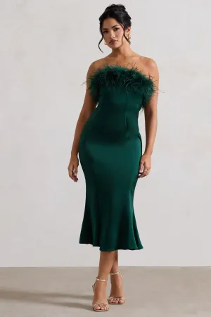 One And Only | Bottle Green Satin Feather Trim Bandeau Midi Dress Club L London