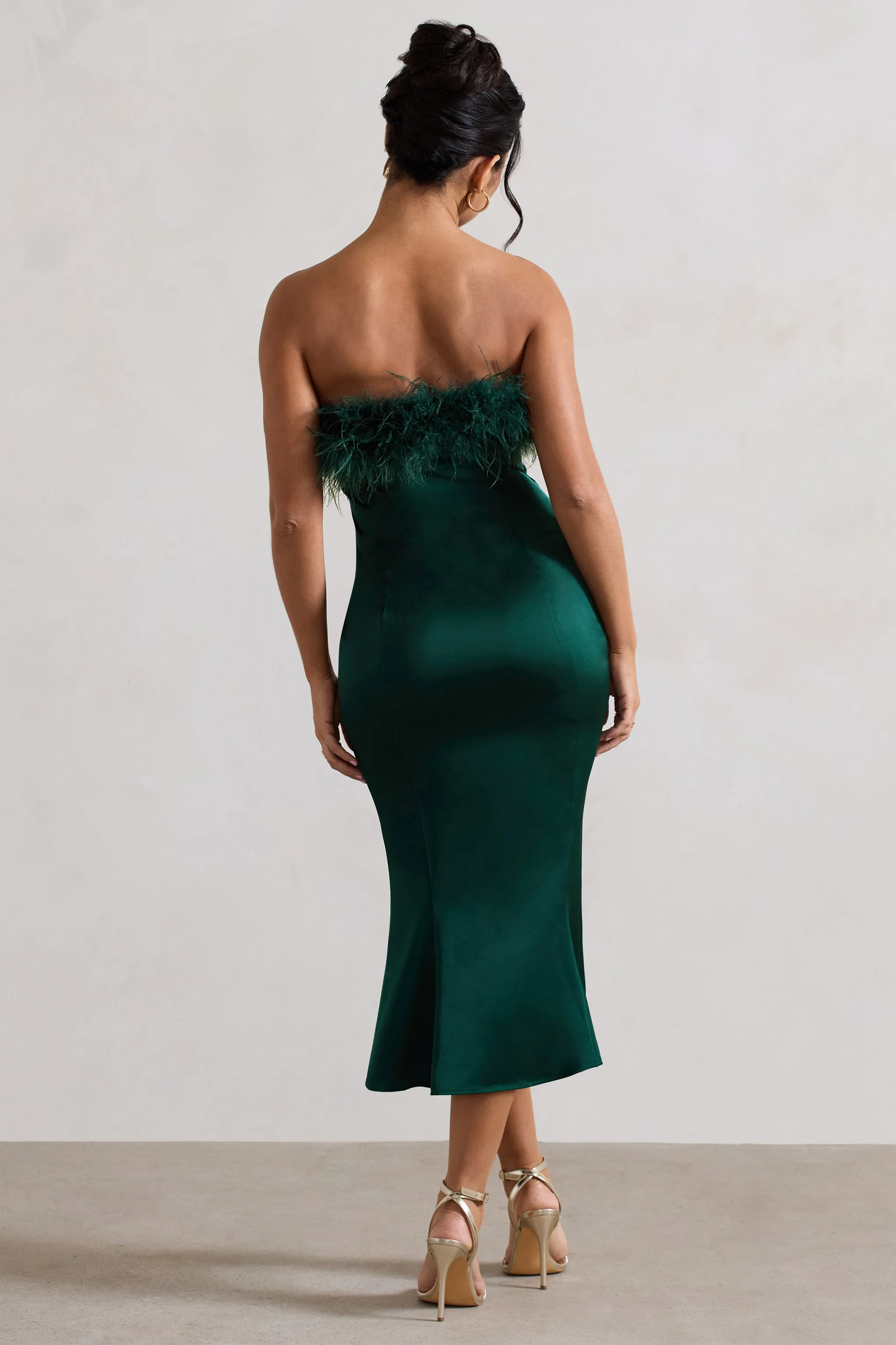 One And Only | Bottle Green Satin Feather Trim Bandeau Midi Dress Club L London