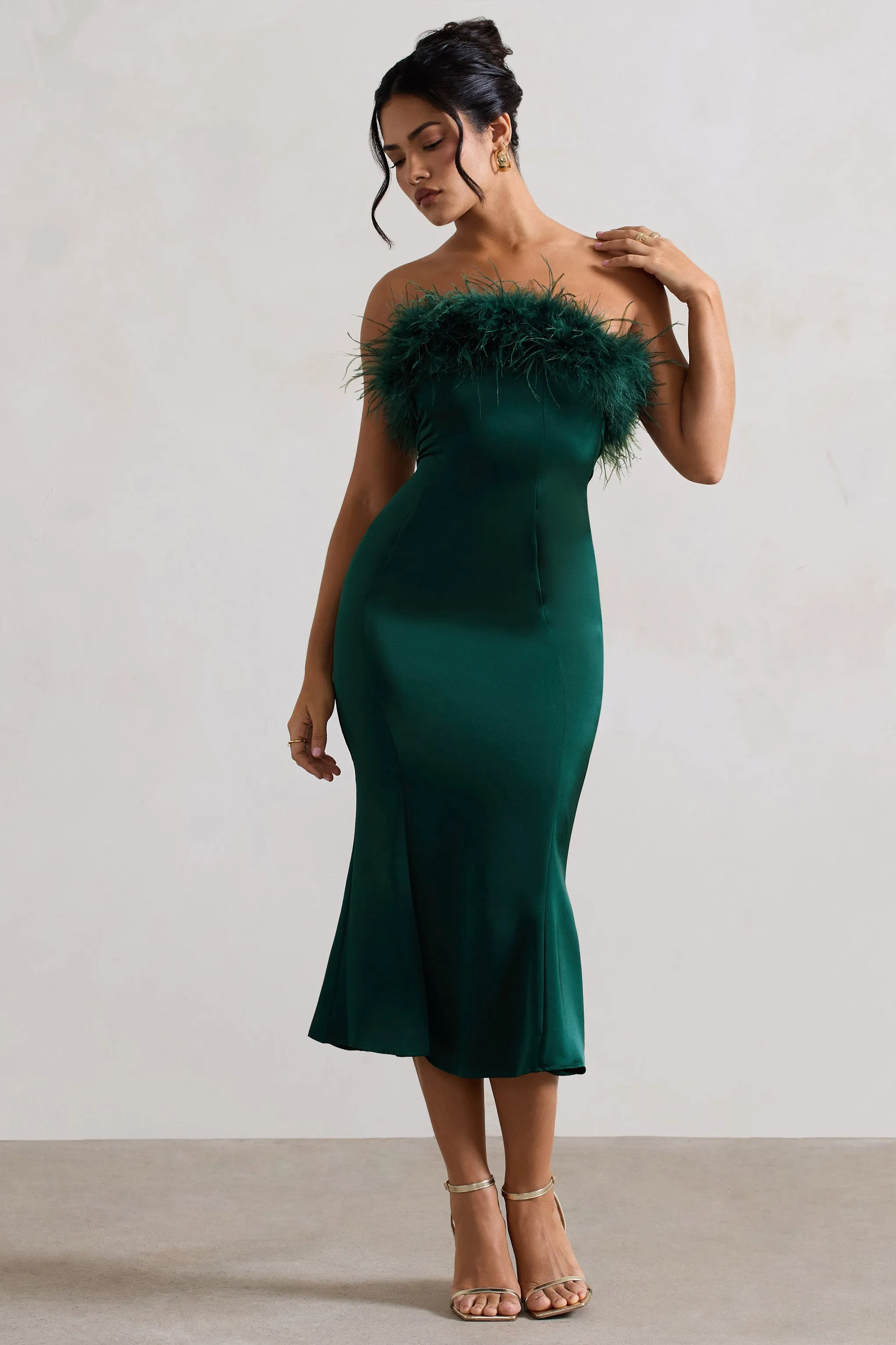 One And Only | Bottle Green Satin Feather Trim Bandeau Midi Dress Club L London