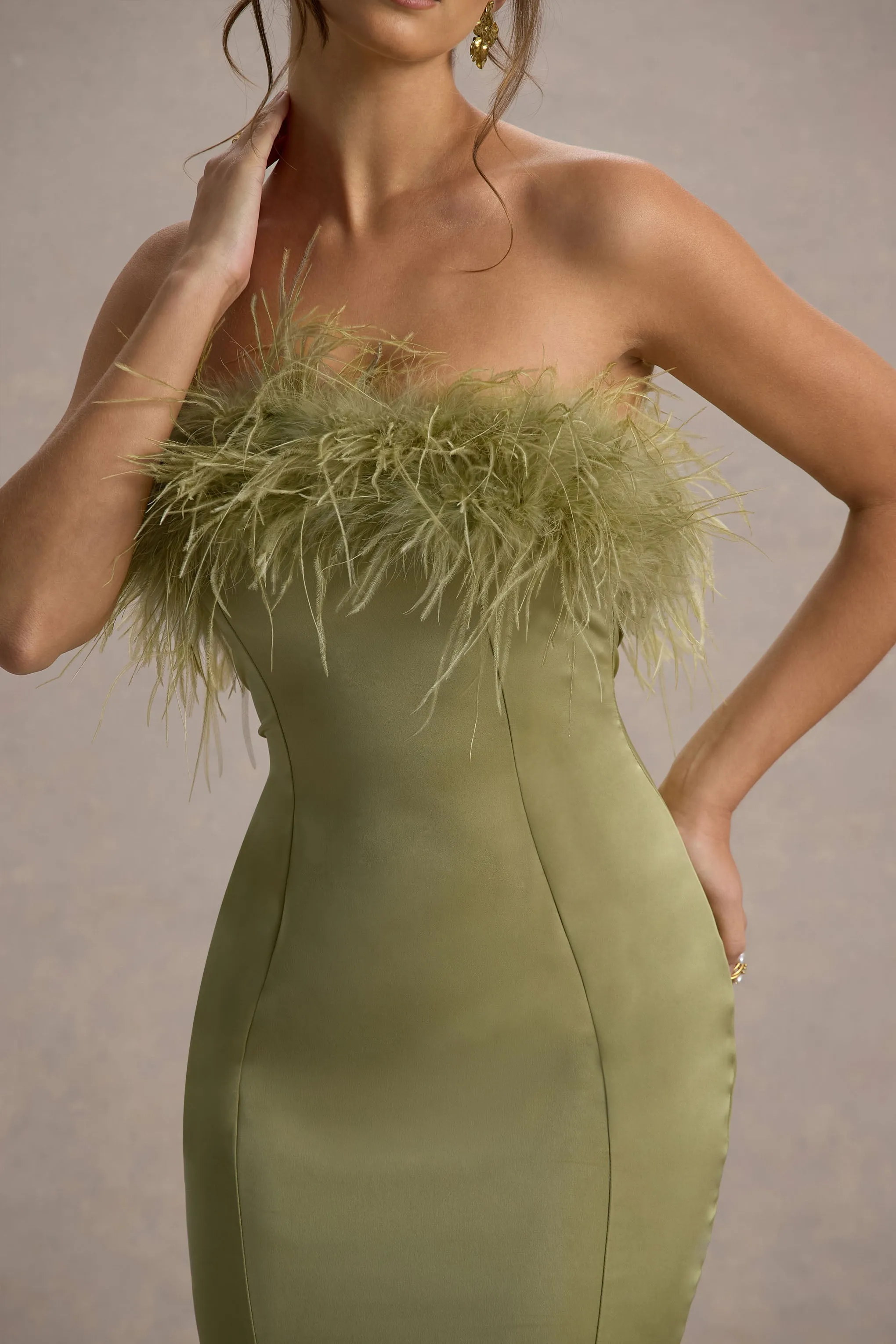 One And Only | Light Green Satin Feather Trim Bandeau Midi Dress Club L London