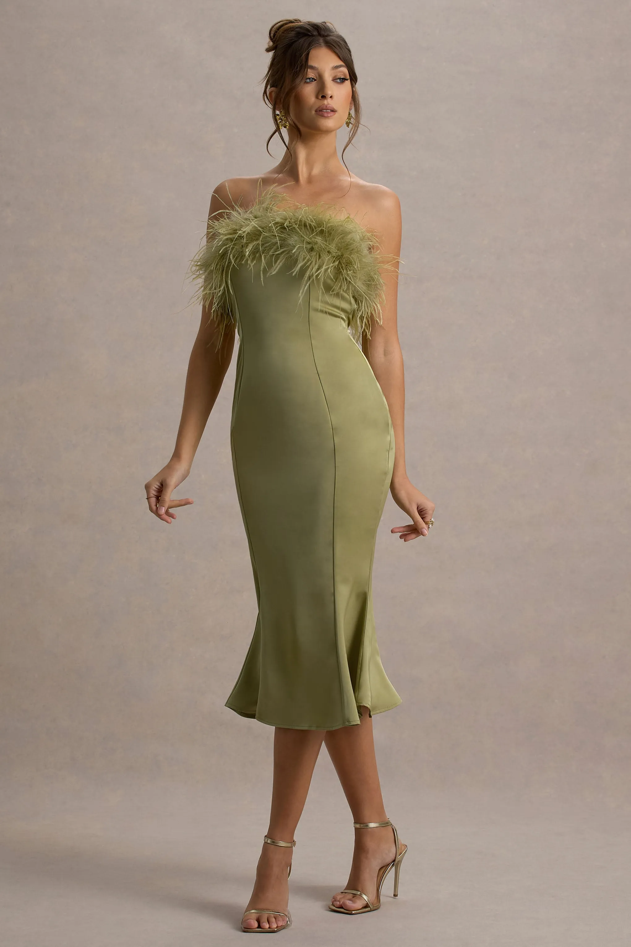 One And Only | Light Green Satin Feather Trim Bandeau Midi Dress Club L London