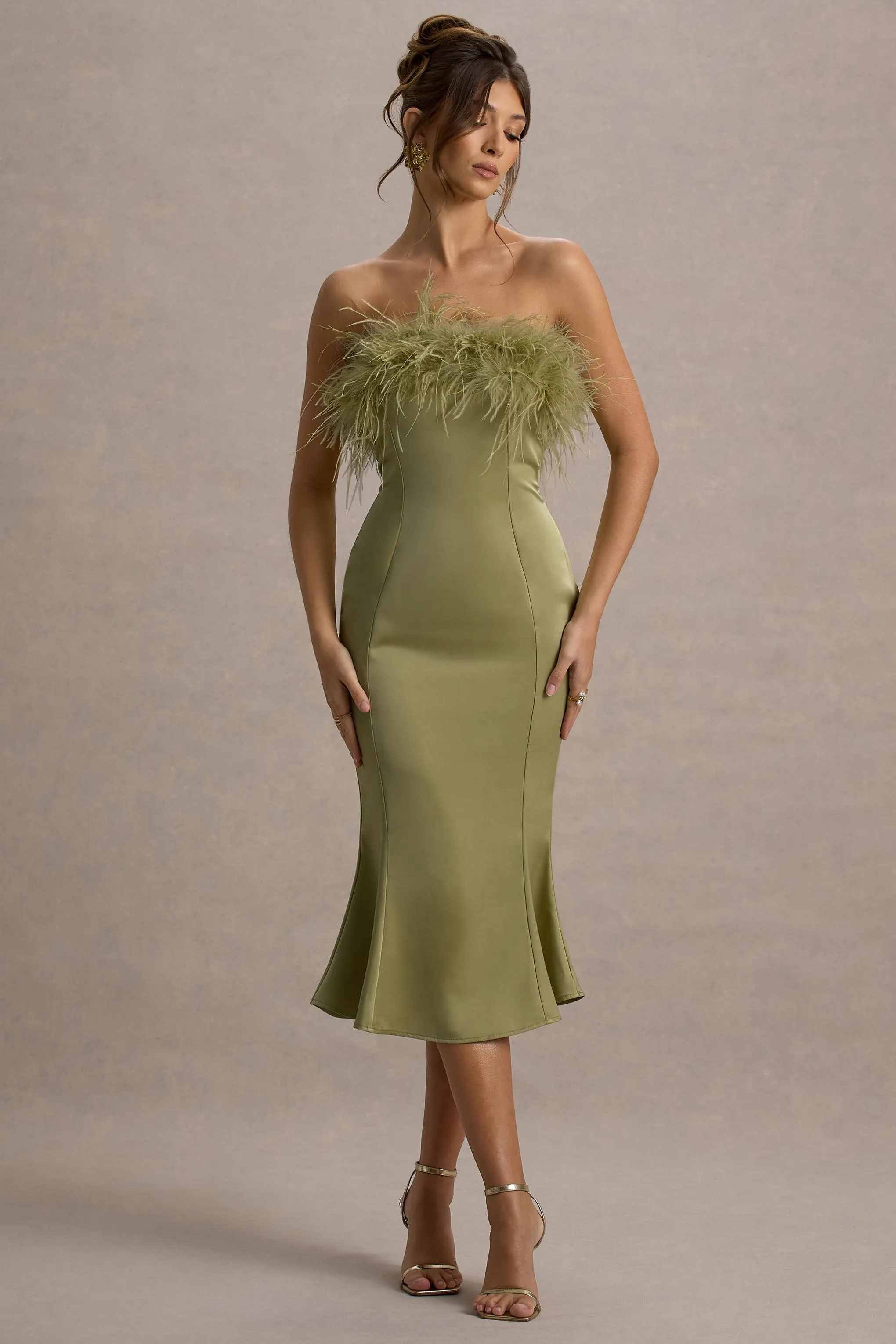 One And Only | Light Green Satin Feather Trim Bandeau Midi Dress Club L London