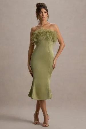 One And Only | Light Green Satin Feather Trim Bandeau Midi Dress Club L London