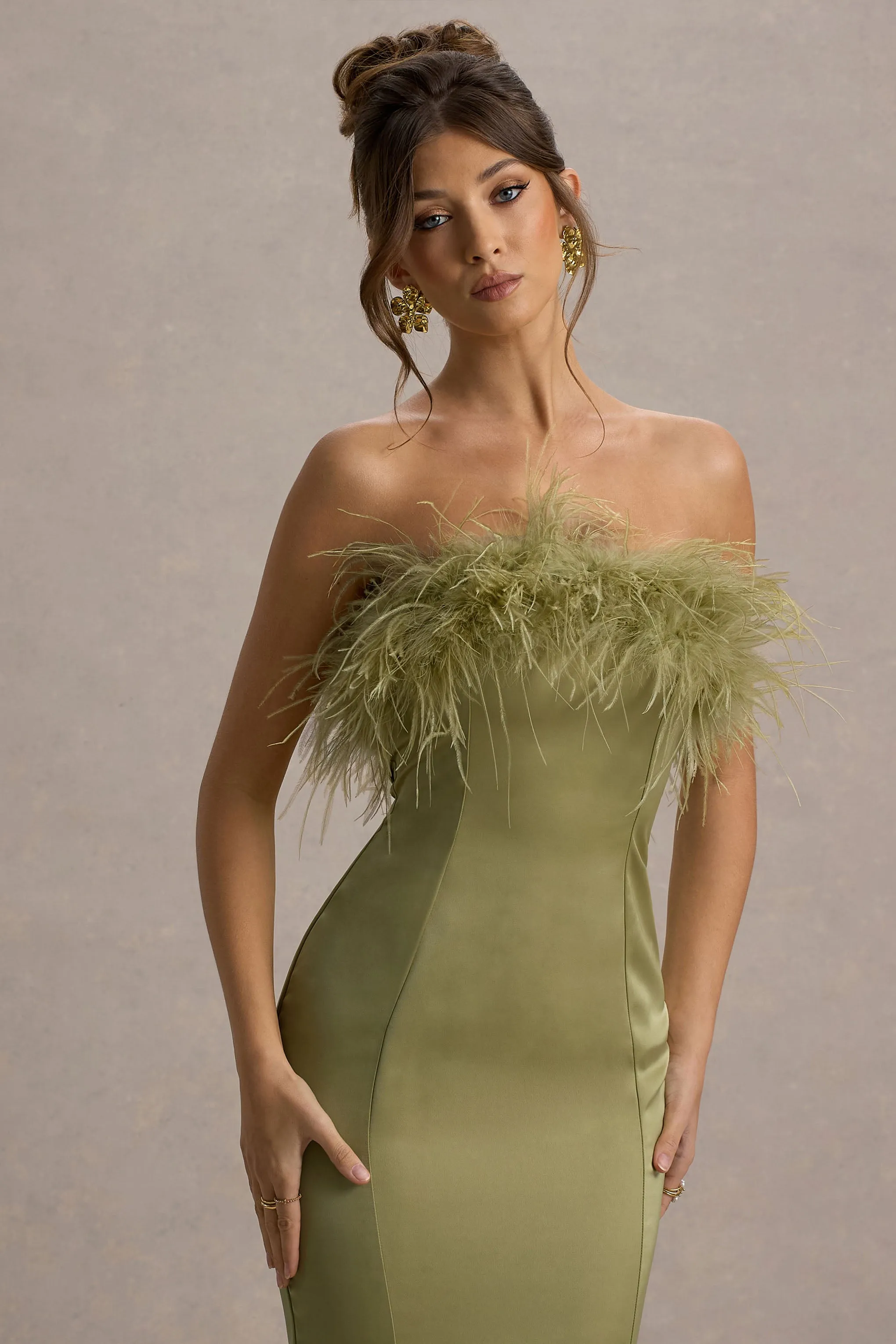 One And Only | Light Green Satin Feather Trim Bandeau Midi Dress Club L London