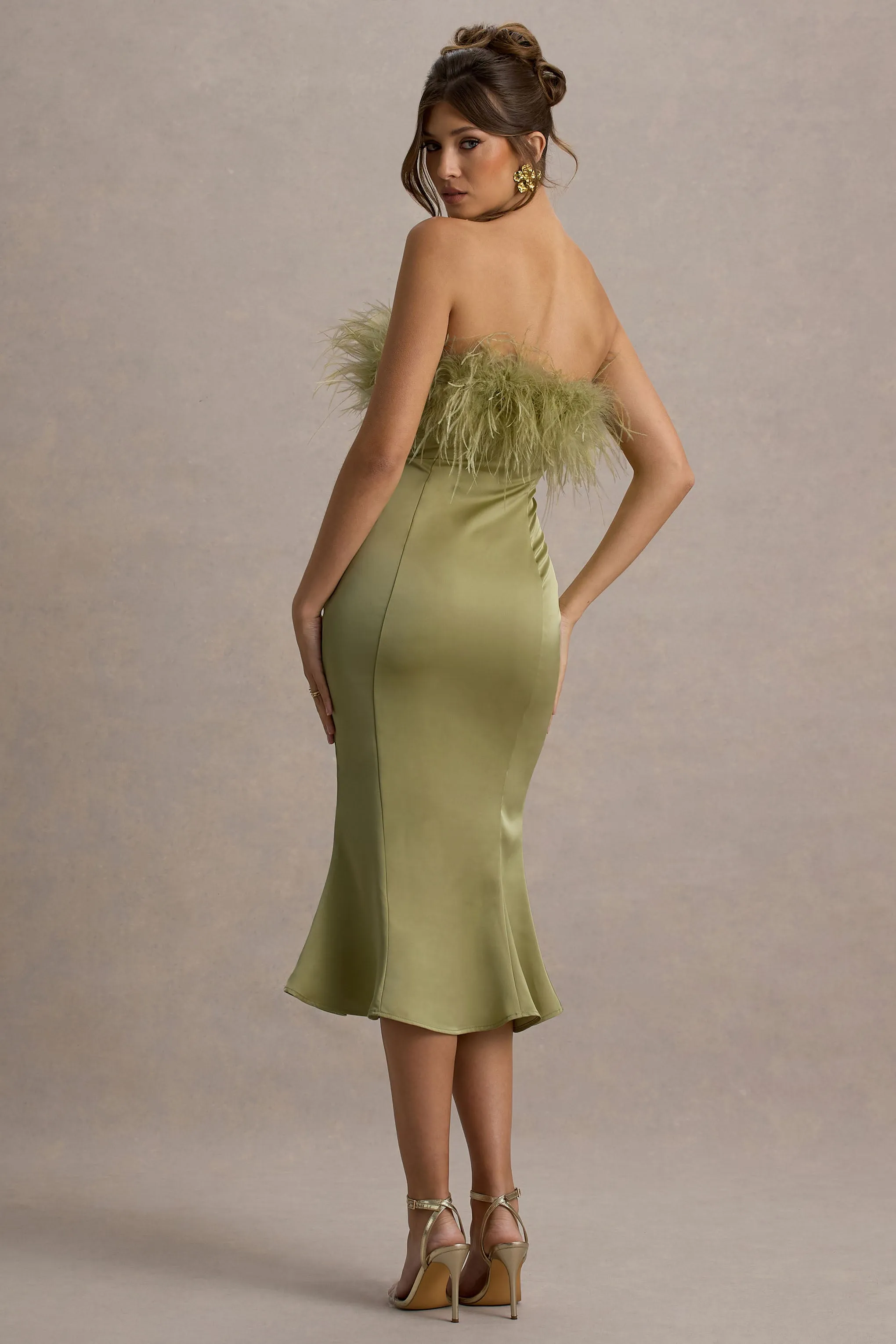 One And Only | Light Green Satin Feather Trim Bandeau Midi Dress Club L London