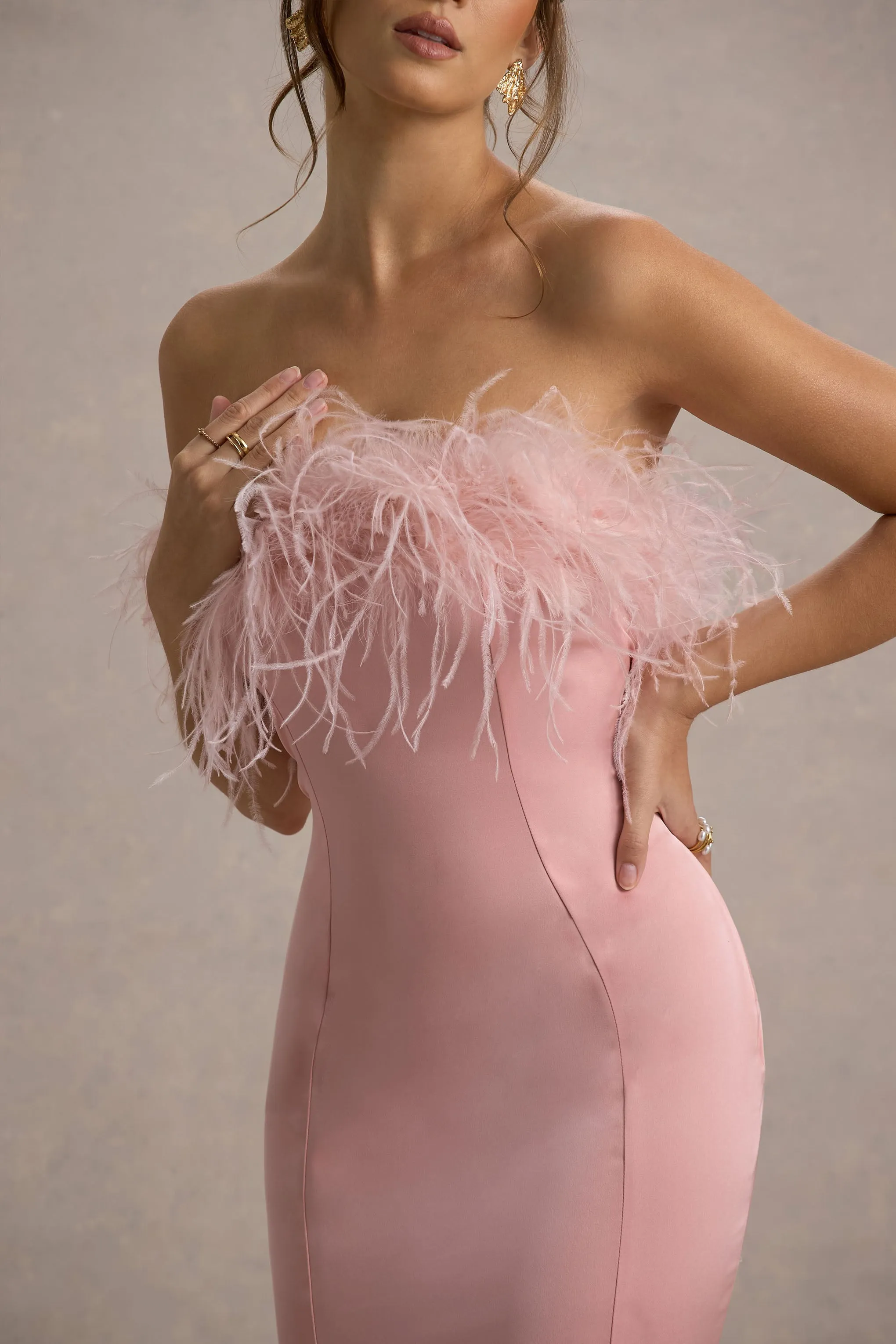 One And Only | Light Pink Satin Feather Trim Bandeau Midi Dress Club L London