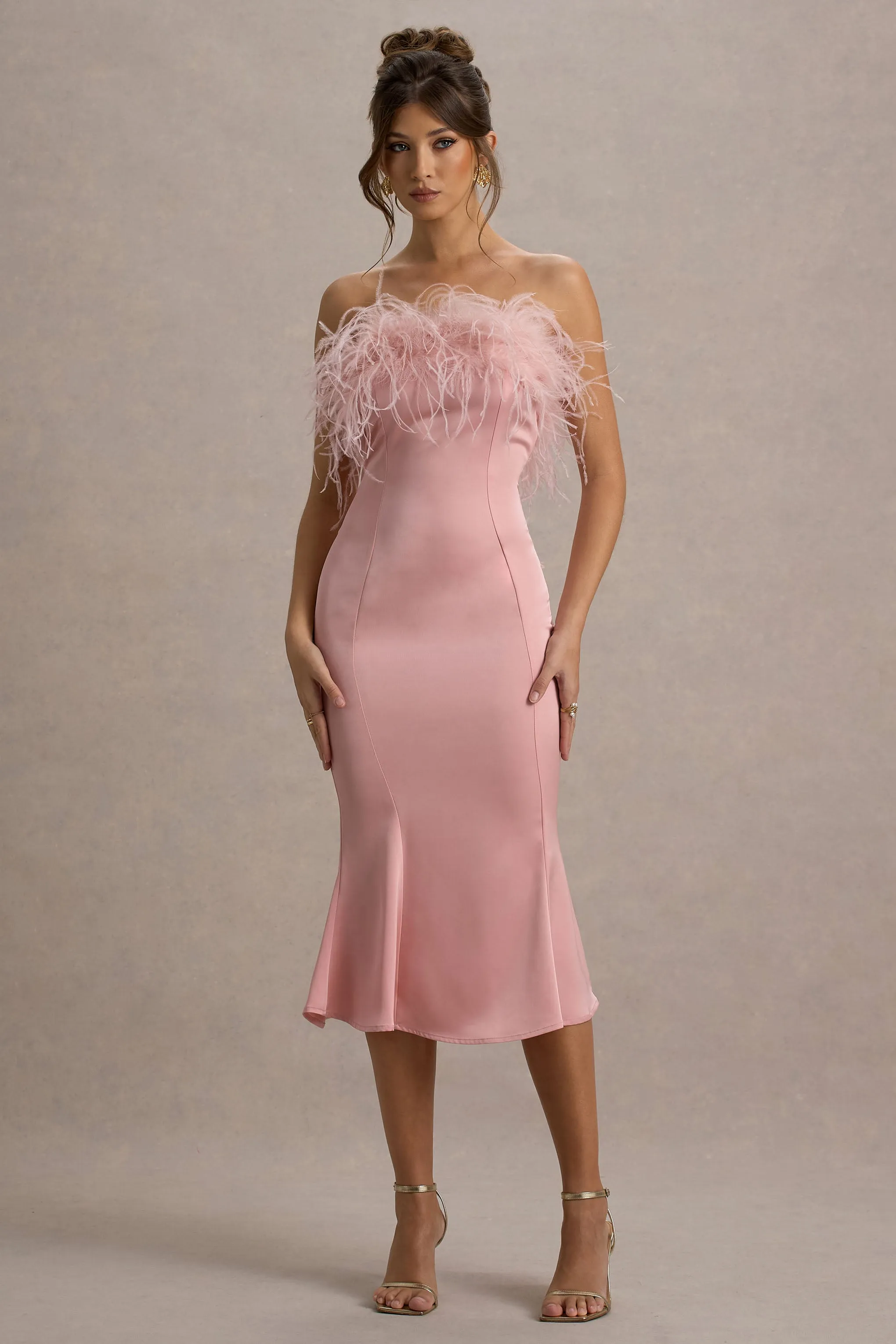 One And Only | Light Pink Satin Feather Trim Bandeau Midi Dress Club L London