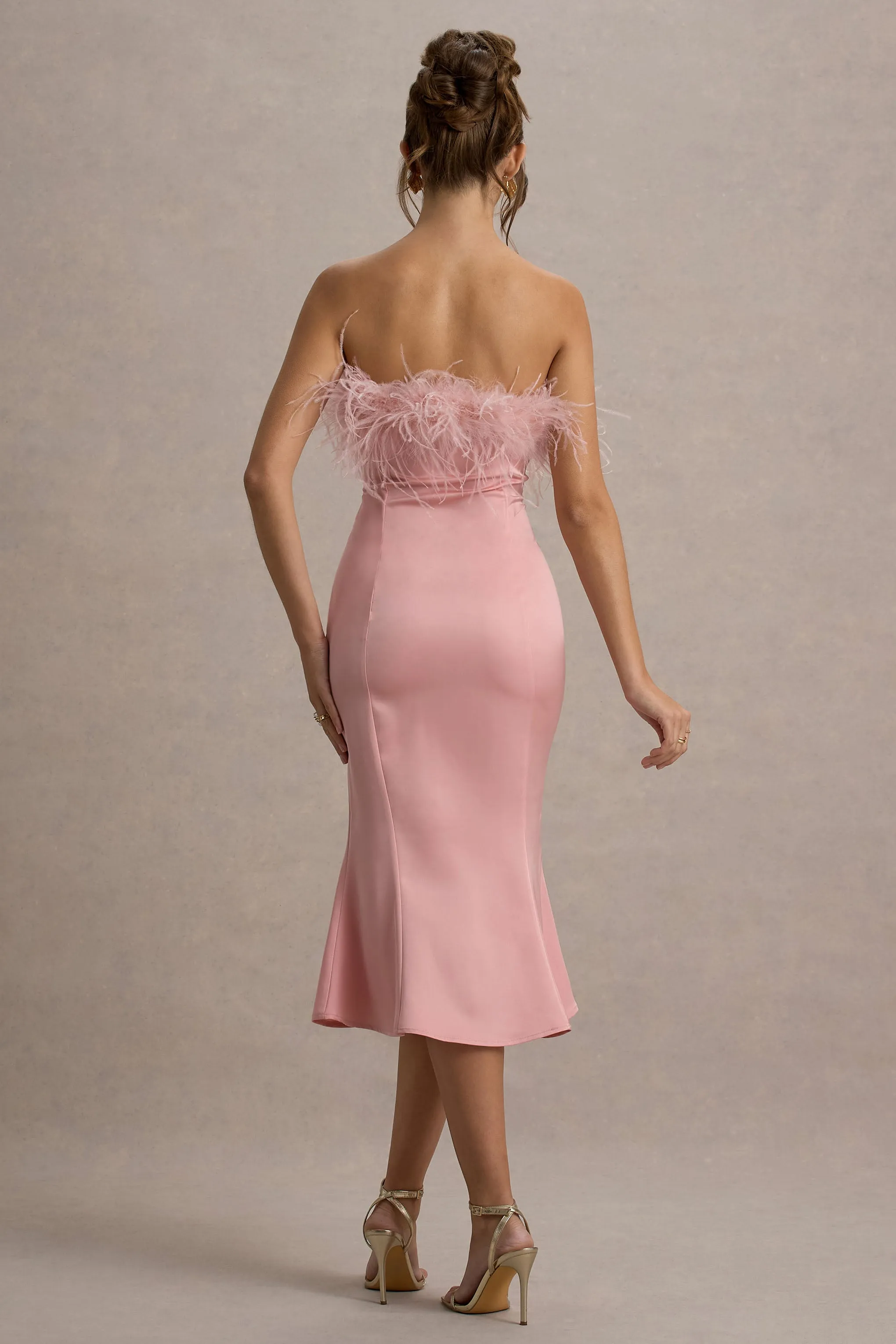 One And Only | Light Pink Satin Feather Trim Bandeau Midi Dress Club L London