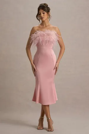 One And Only | Light Pink Satin Feather Trim Bandeau Midi Dress Club L London