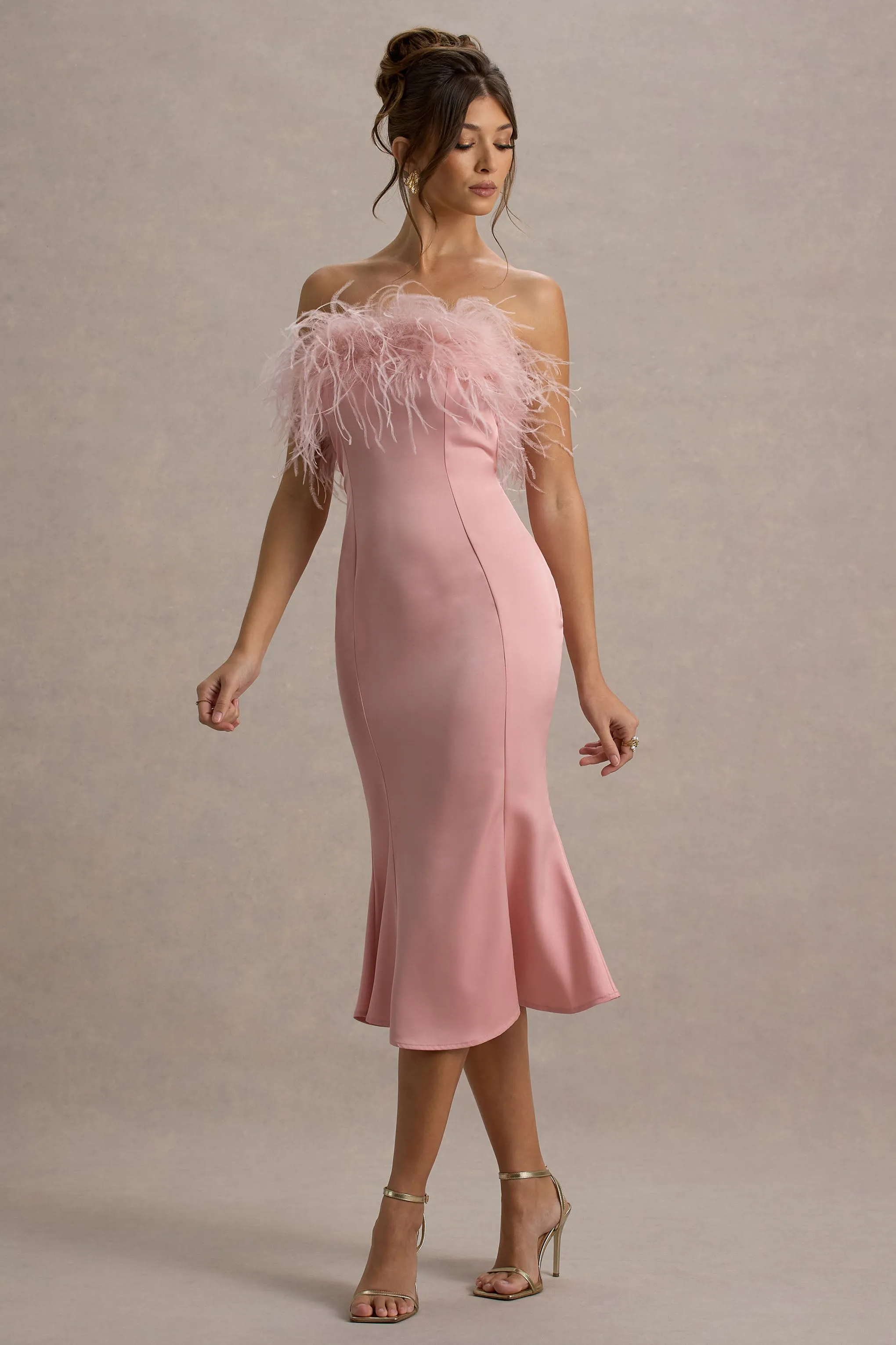 One And Only | Light Pink Satin Feather Trim Bandeau Midi Dress Club L London