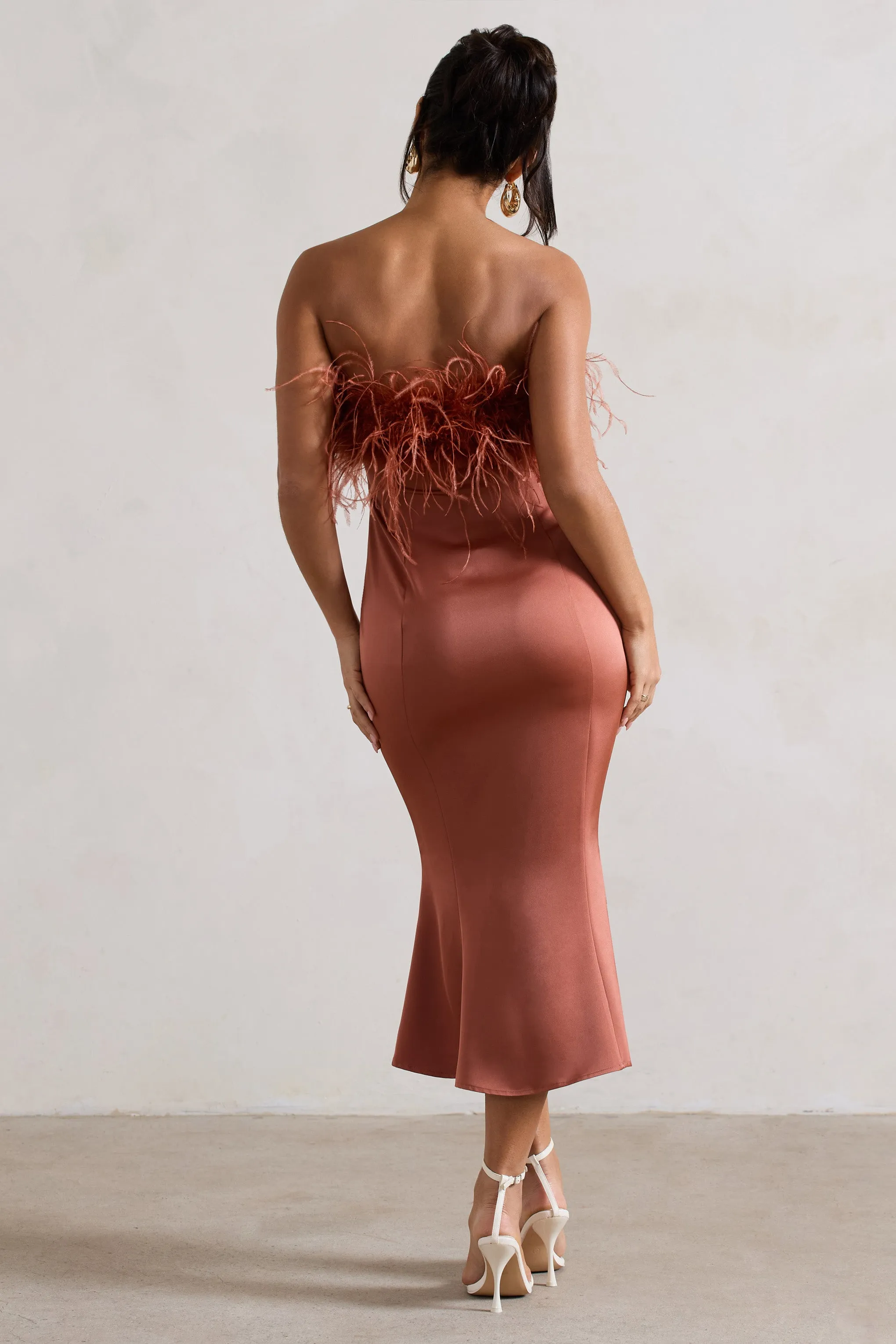 One And Only | Rust Satin Feather Trim Bandeau Midi Dress Club L London