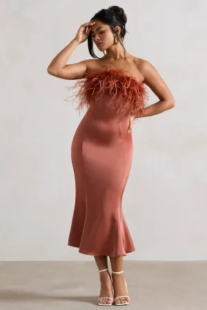 One And Only | Rust Satin Feather Trim Bandeau Midi Dress Club L London