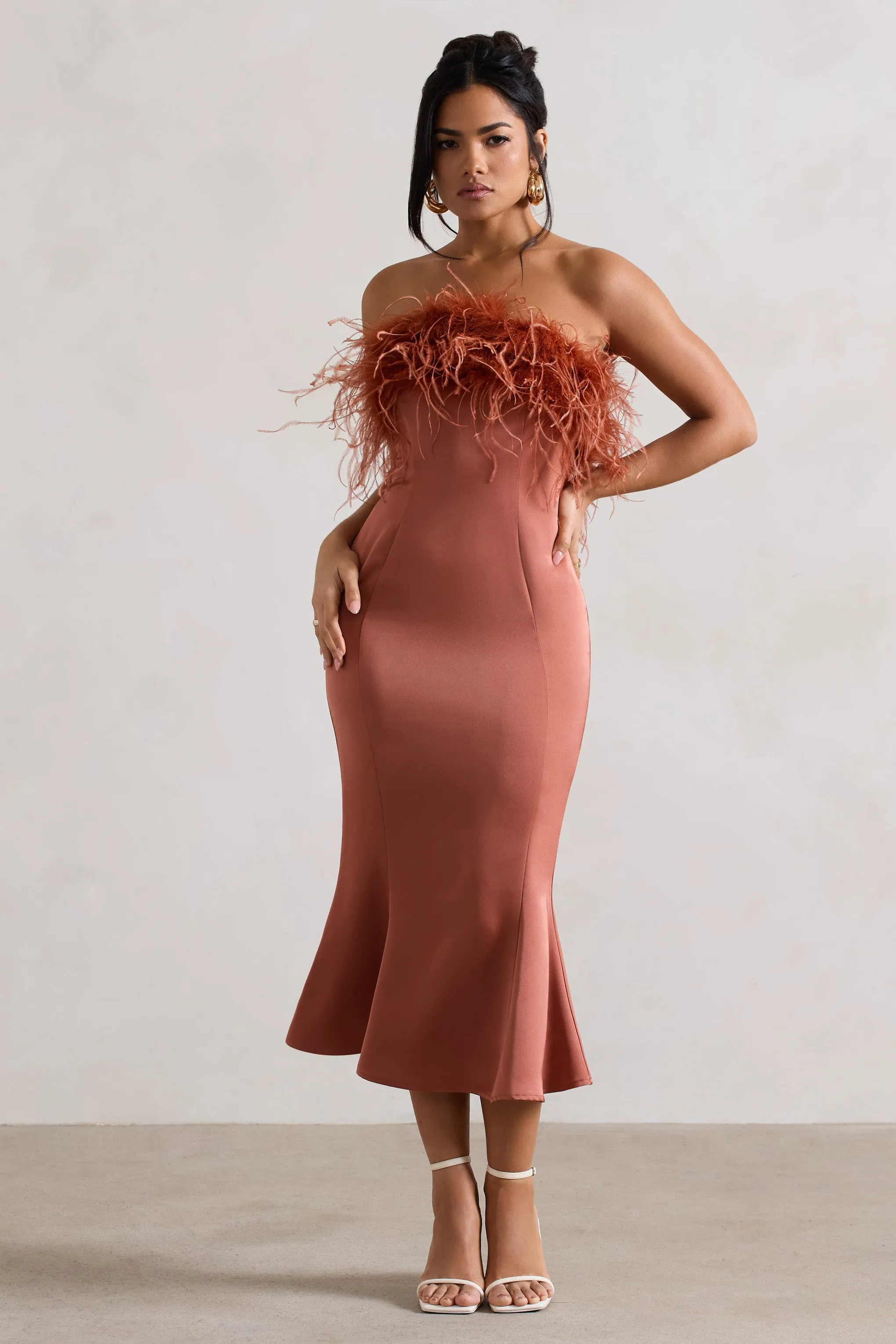 One And Only | Rust Satin Feather Trim Bandeau Midi Dress Club L London
