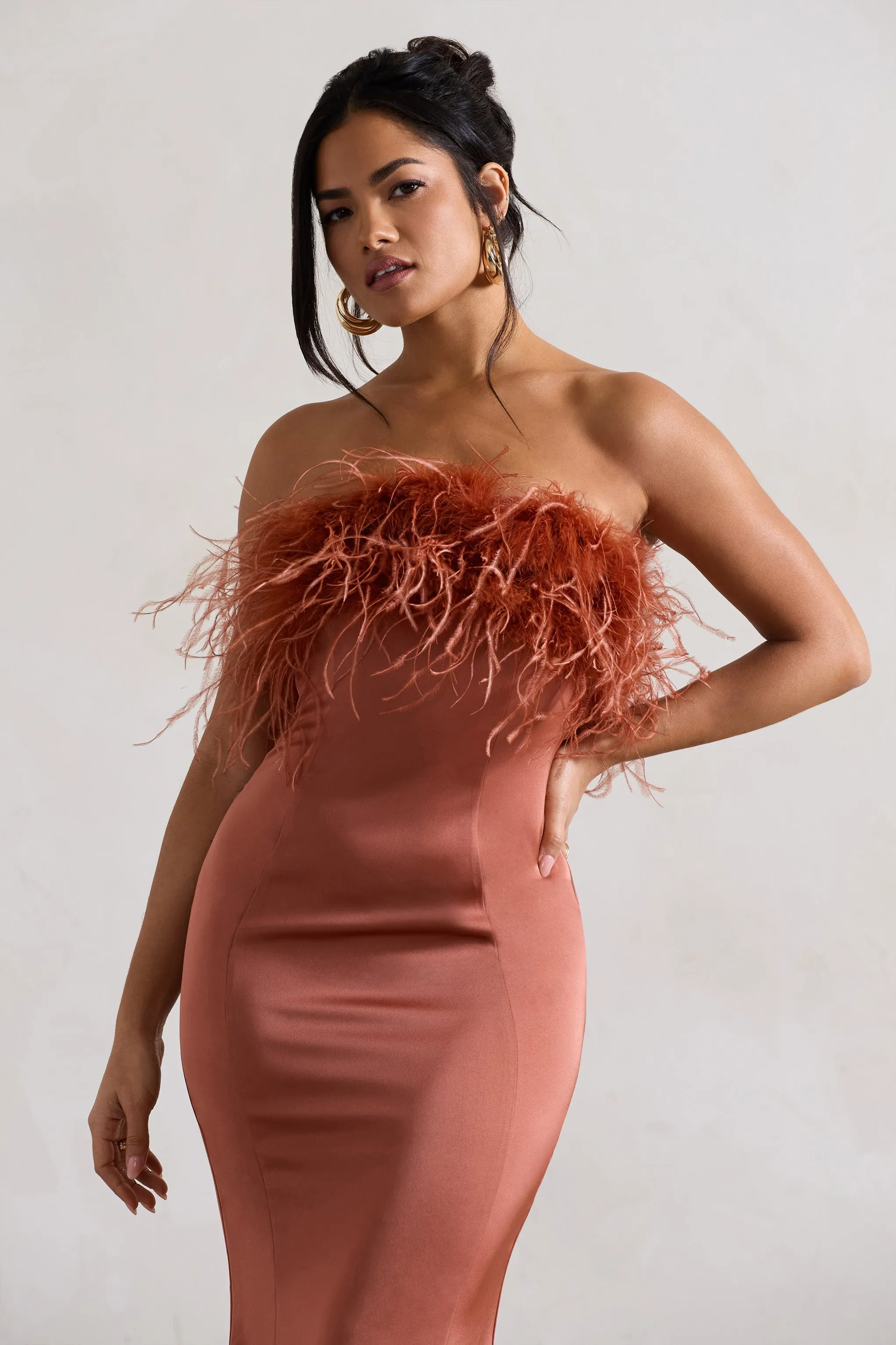 One And Only | Rust Satin Feather Trim Bandeau Midi Dress Club L London