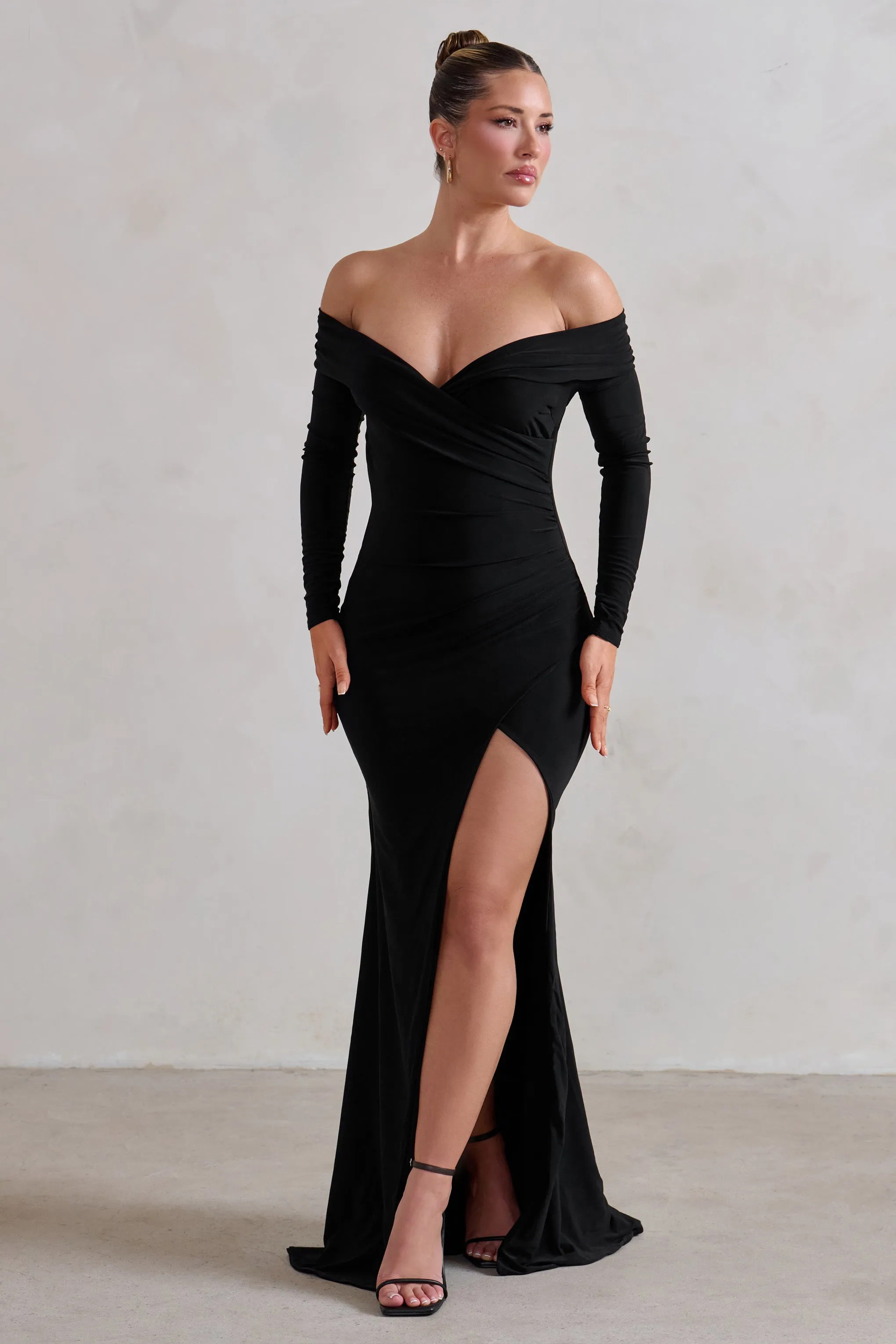 One Moment | Black Bardot Wrap Ruched Split Maxi Dress Club L London