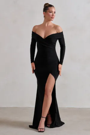 One Moment | Black Bardot Wrap Ruched Split Maxi Dress Club L London