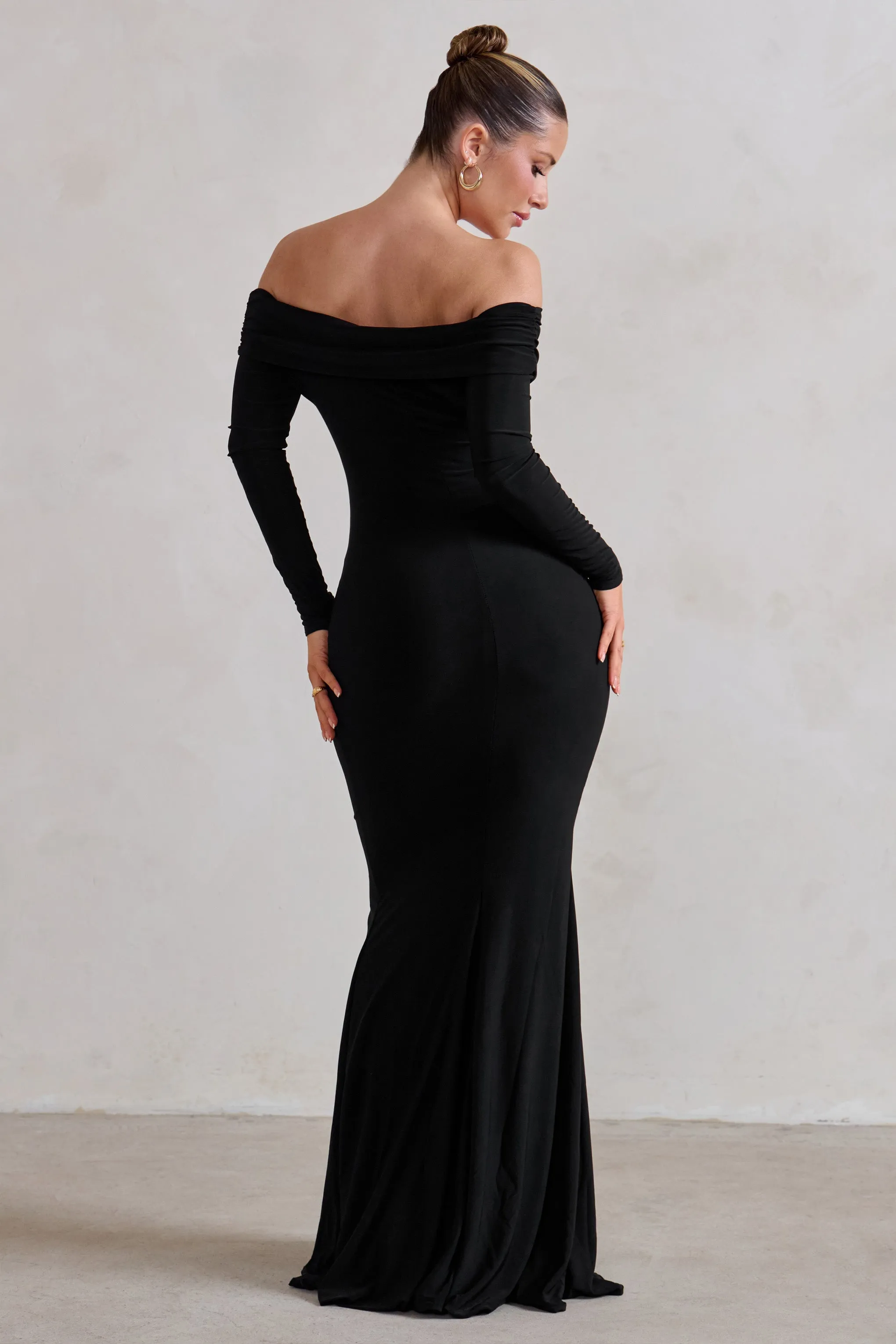 One Moment | Black Bardot Wrap Ruched Split Maxi Dress Club L London