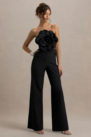 Opia | Black Bandeau Wide-Leg Jumpsuit With Large Floral Corsage Club L London