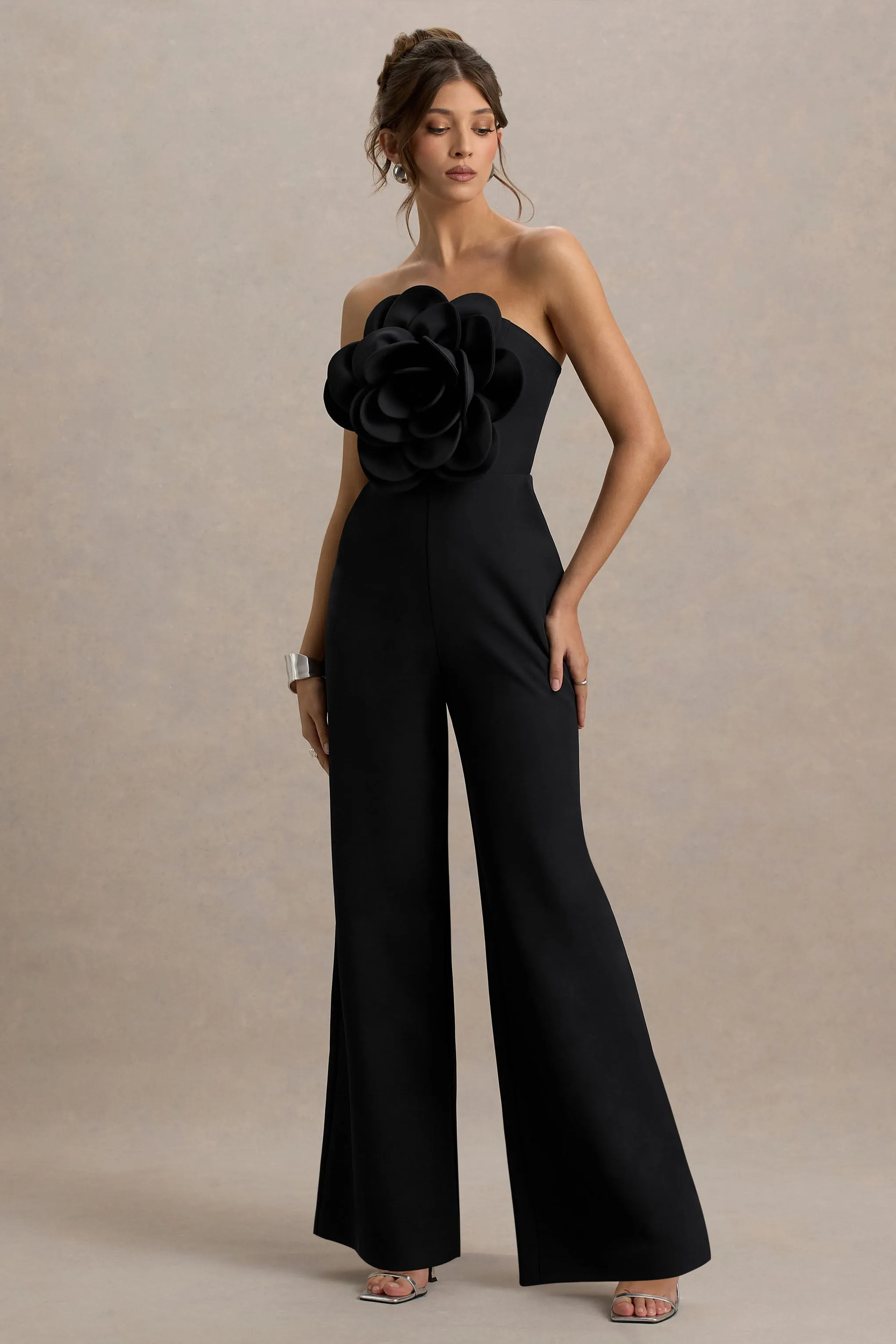 Opia | Black Bandeau Wide-Leg Jumpsuit With Large Floral Corsage Club L London