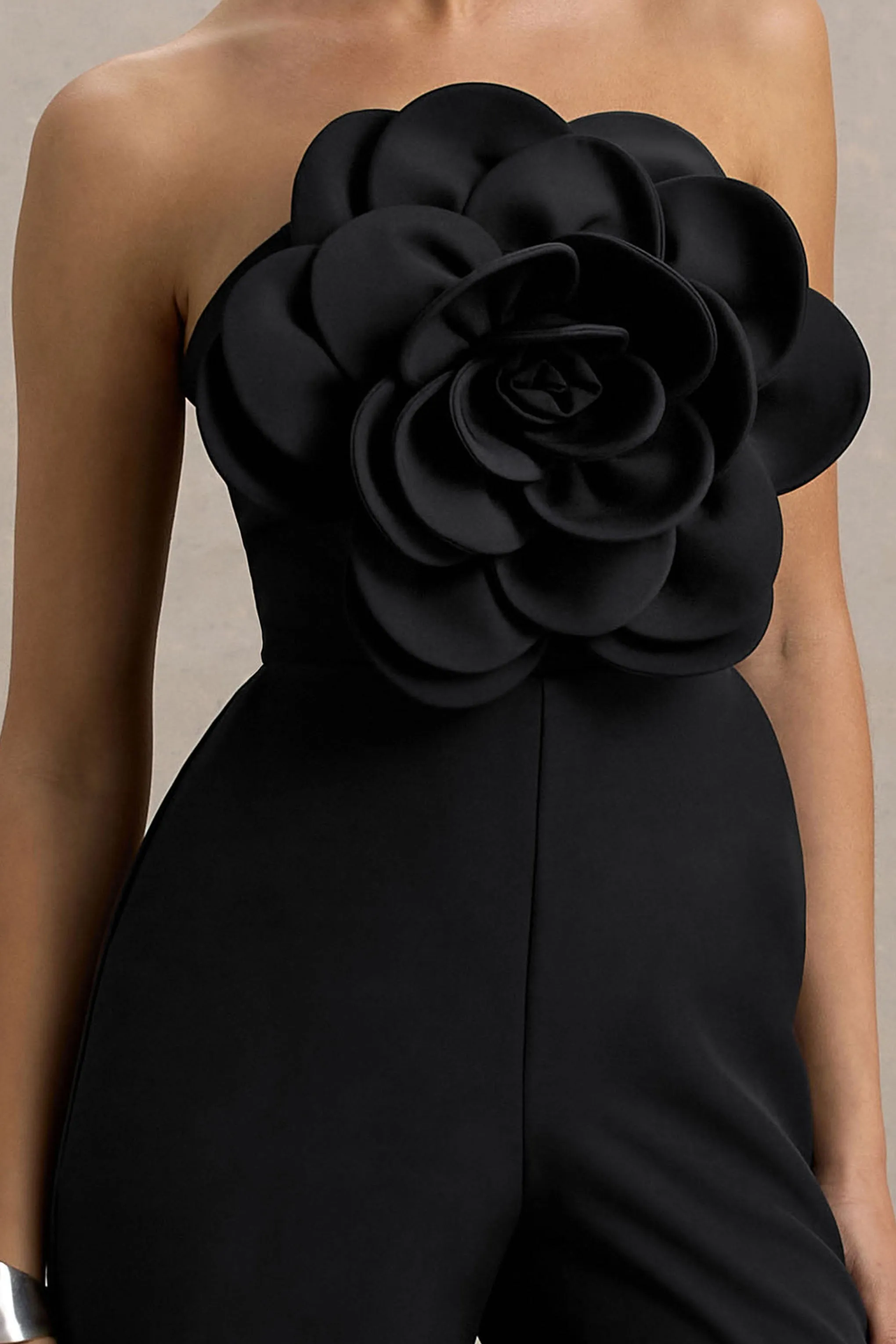 Opia | Black Bandeau Wide-Leg Jumpsuit With Large Floral Corsage Club L London