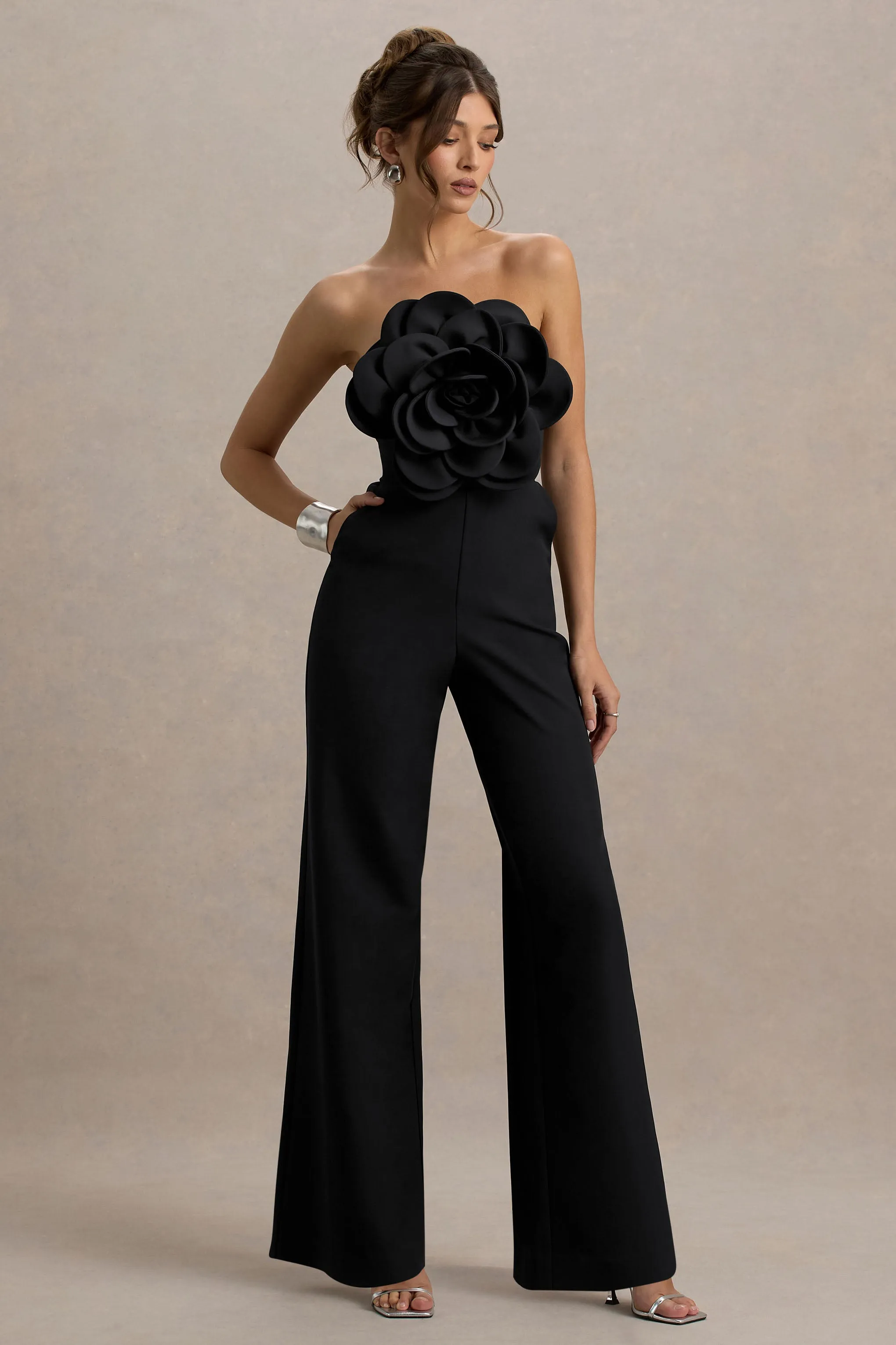 Opia | Black Bandeau Wide-Leg Jumpsuit With Large Floral Corsage Club L London