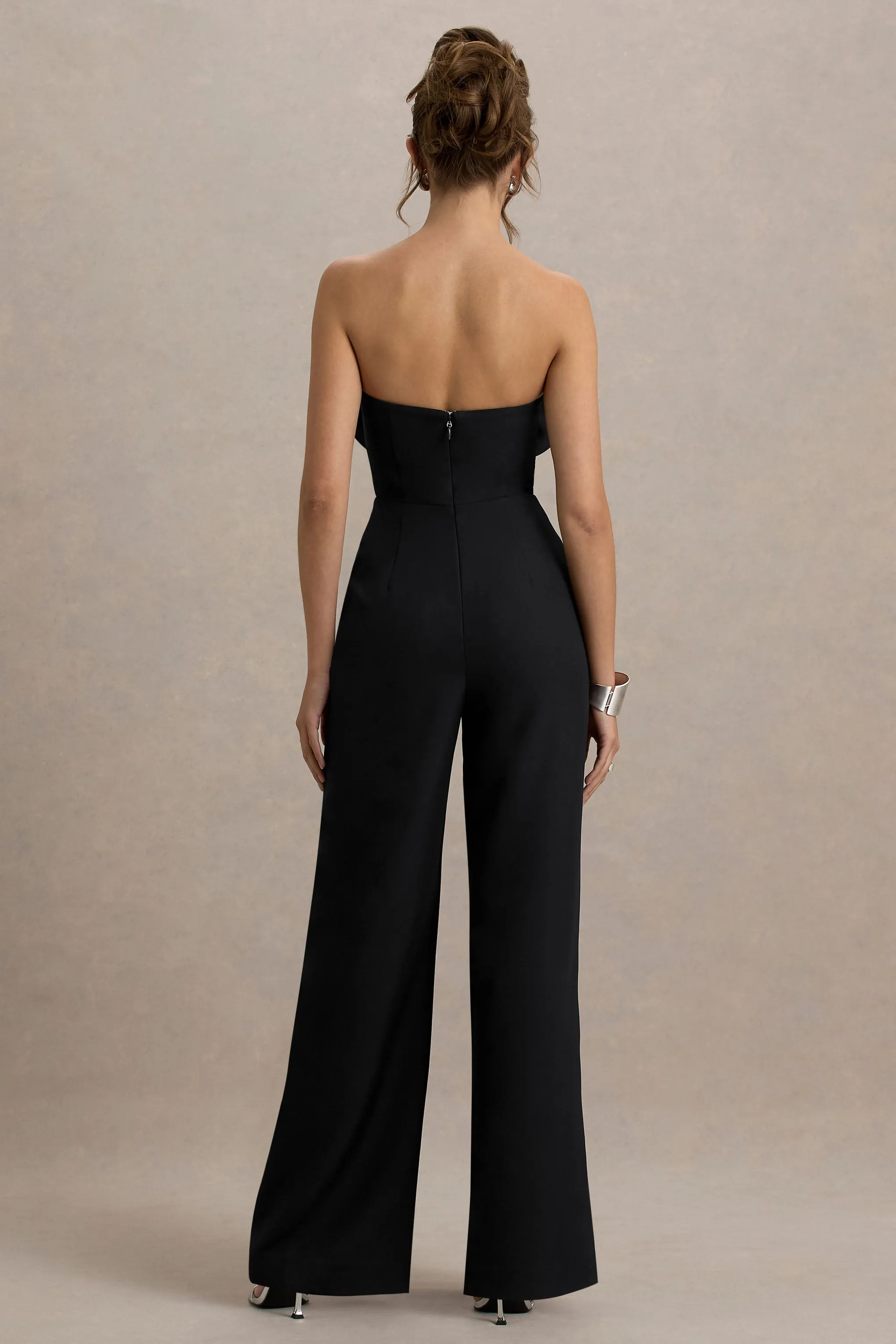 Opia | Black Bandeau Wide-Leg Jumpsuit With Large Floral Corsage Club L London