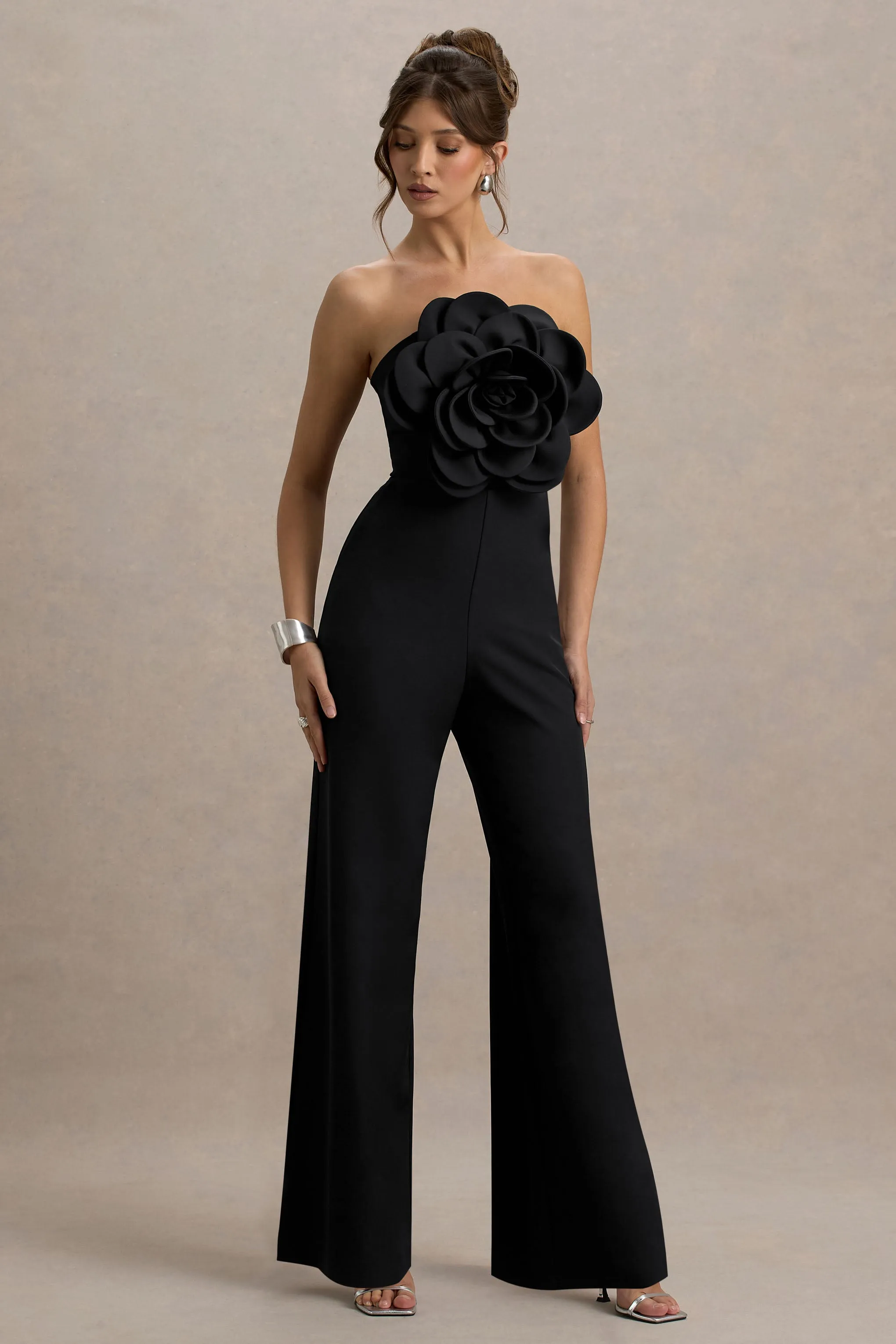 Opia | Black Bandeau Wide-Leg Jumpsuit With Large Floral Corsage Club L London