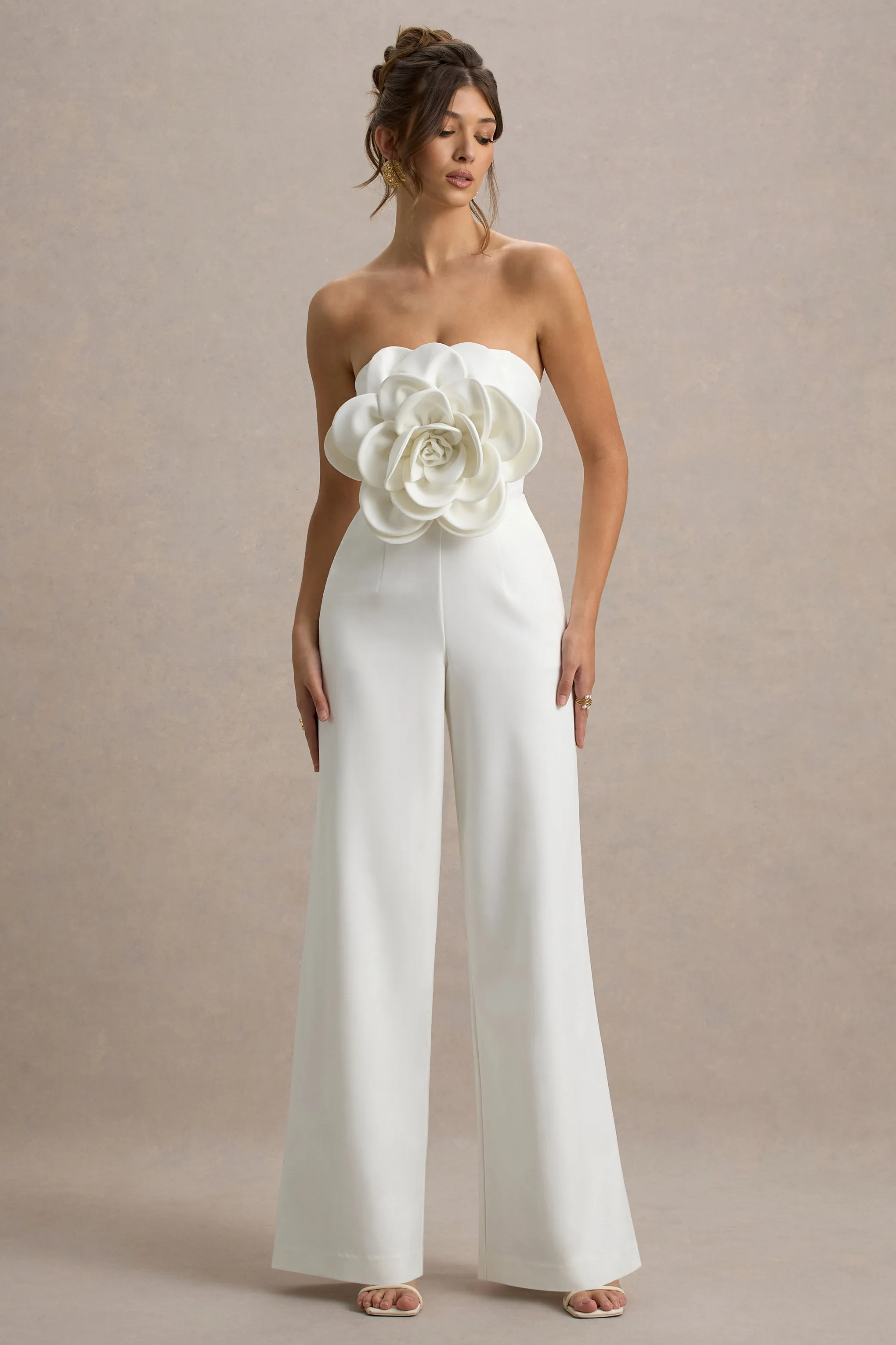 Opia | White Bandeau Wide-Leg Jumpsuit With Large Floral Corsage Club L London
