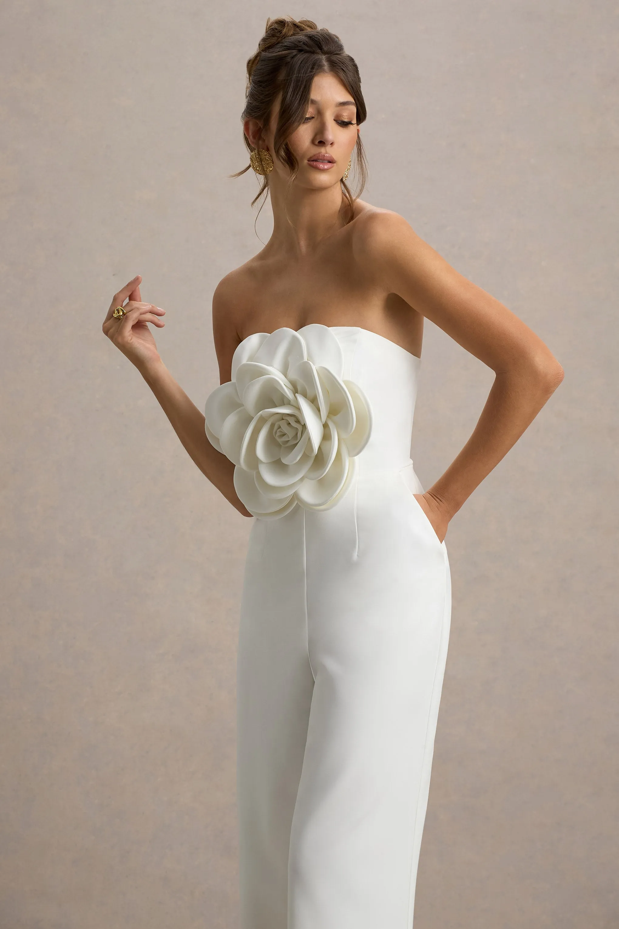 Opia | White Bandeau Wide-Leg Jumpsuit With Large Floral Corsage Club L London