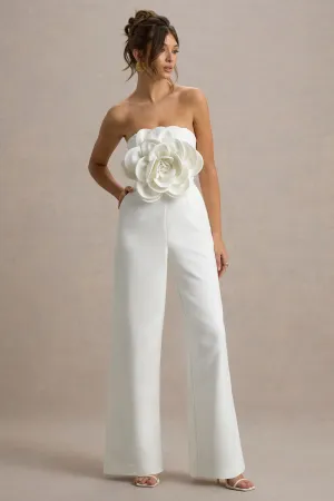 Opia | White Bandeau Wide-Leg Jumpsuit With Large Floral Corsage Club L London