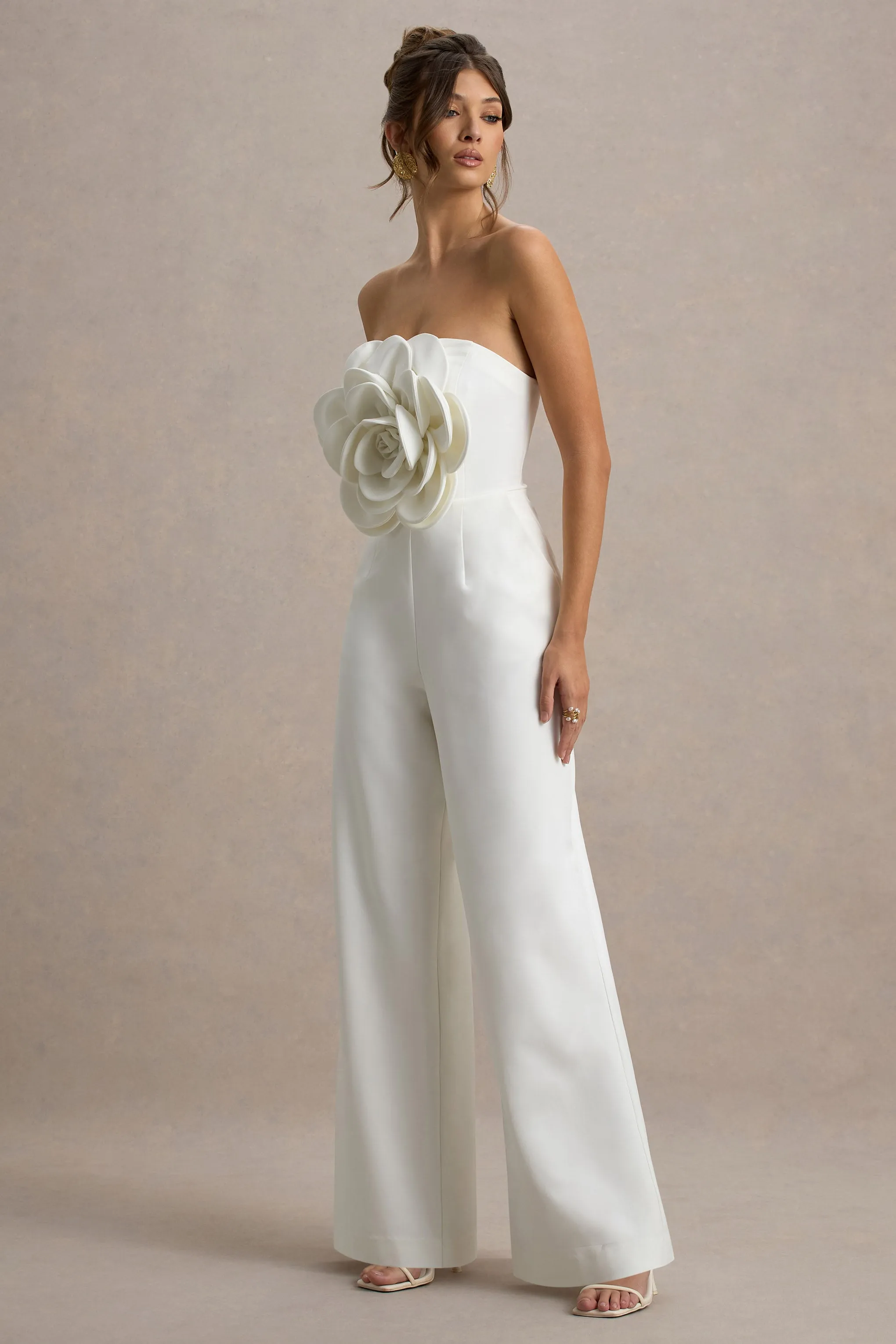 Opia | White Bandeau Wide-Leg Jumpsuit With Large Floral Corsage Club L London