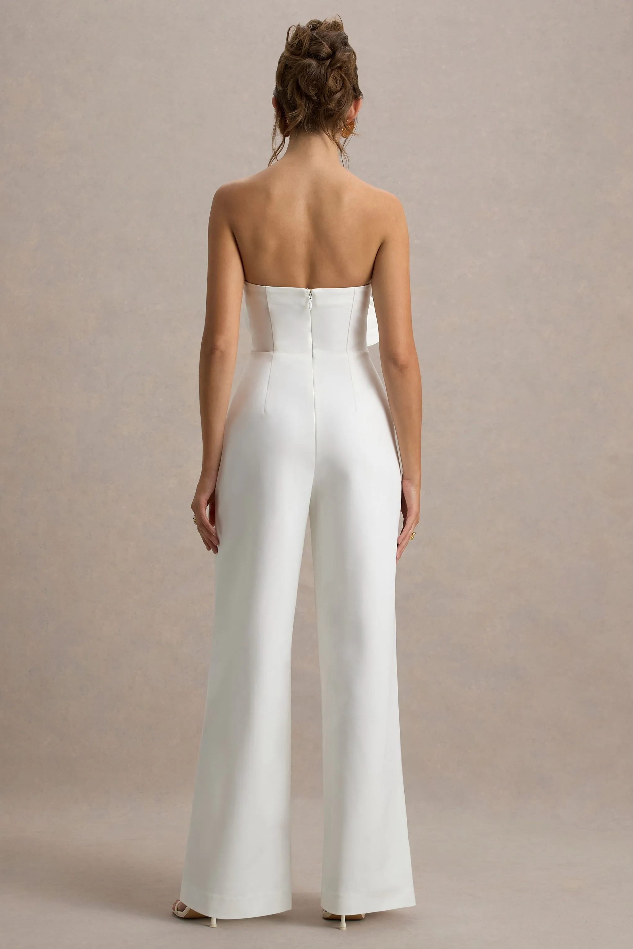 Opia | White Bandeau Wide-Leg Jumpsuit With Large Floral Corsage Club L London