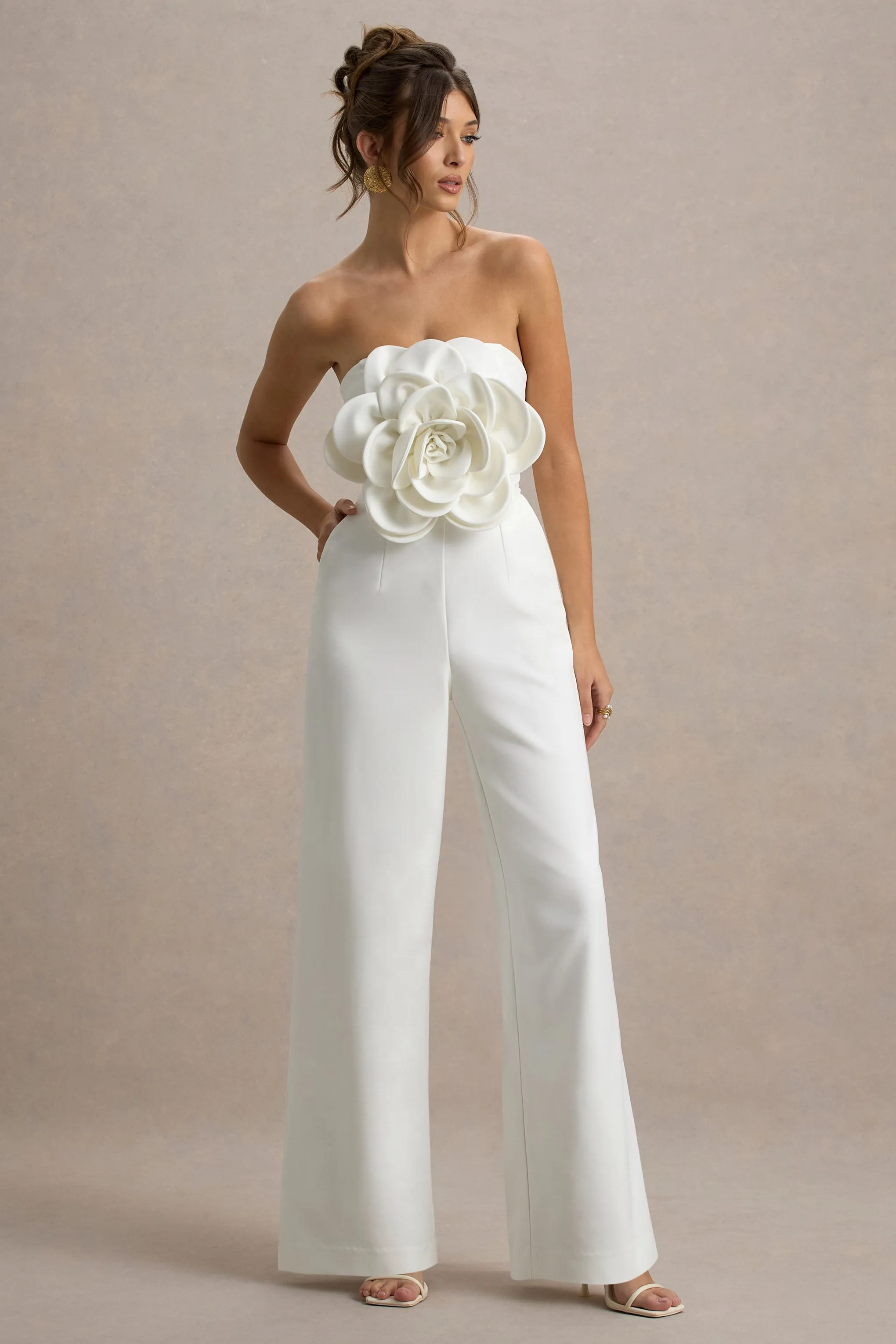 Opia | White Bandeau Wide-Leg Jumpsuit With Large Floral Corsage Club L London