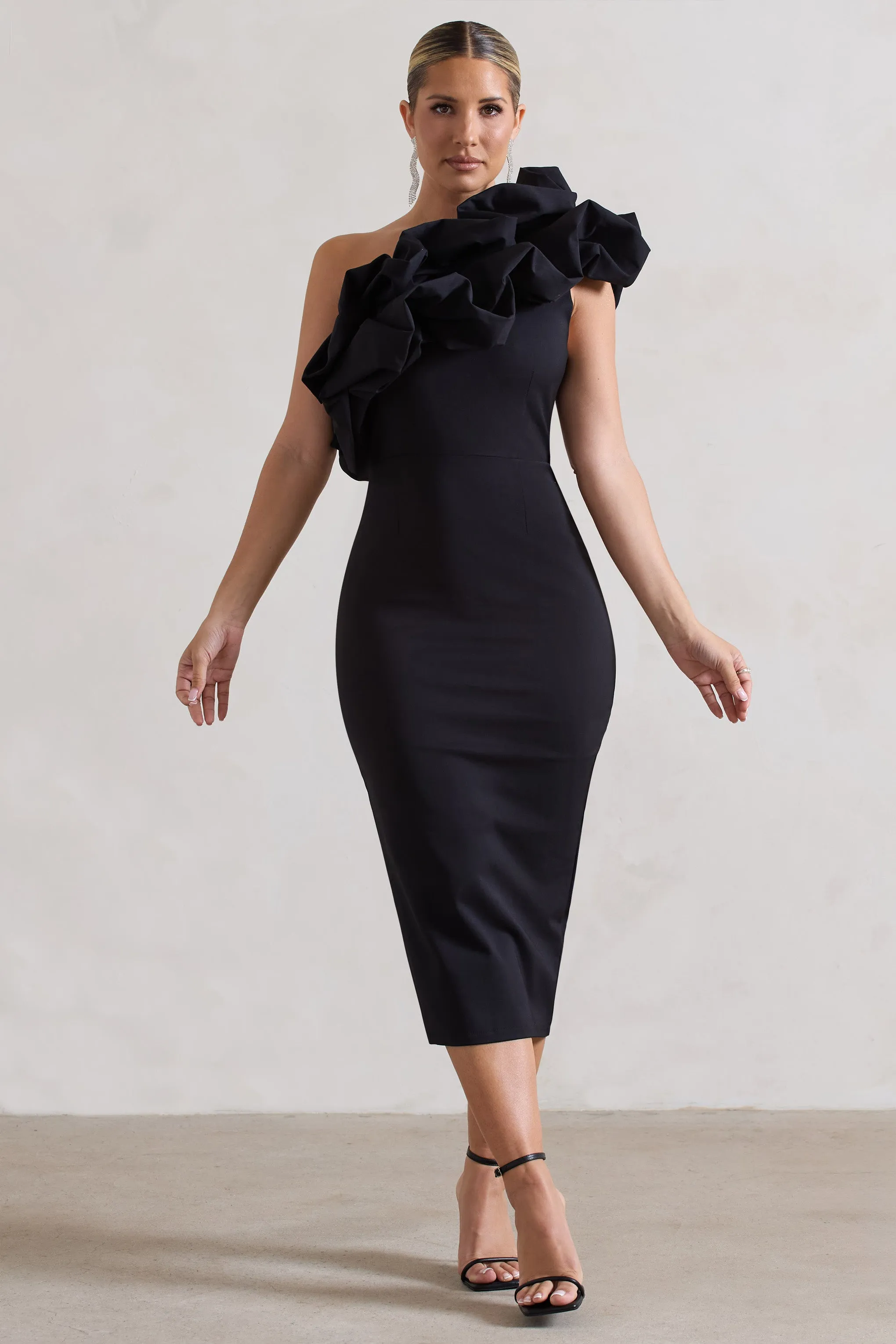 Orchestra | Black One Shoulder Ruffled Midi Dress Club L London