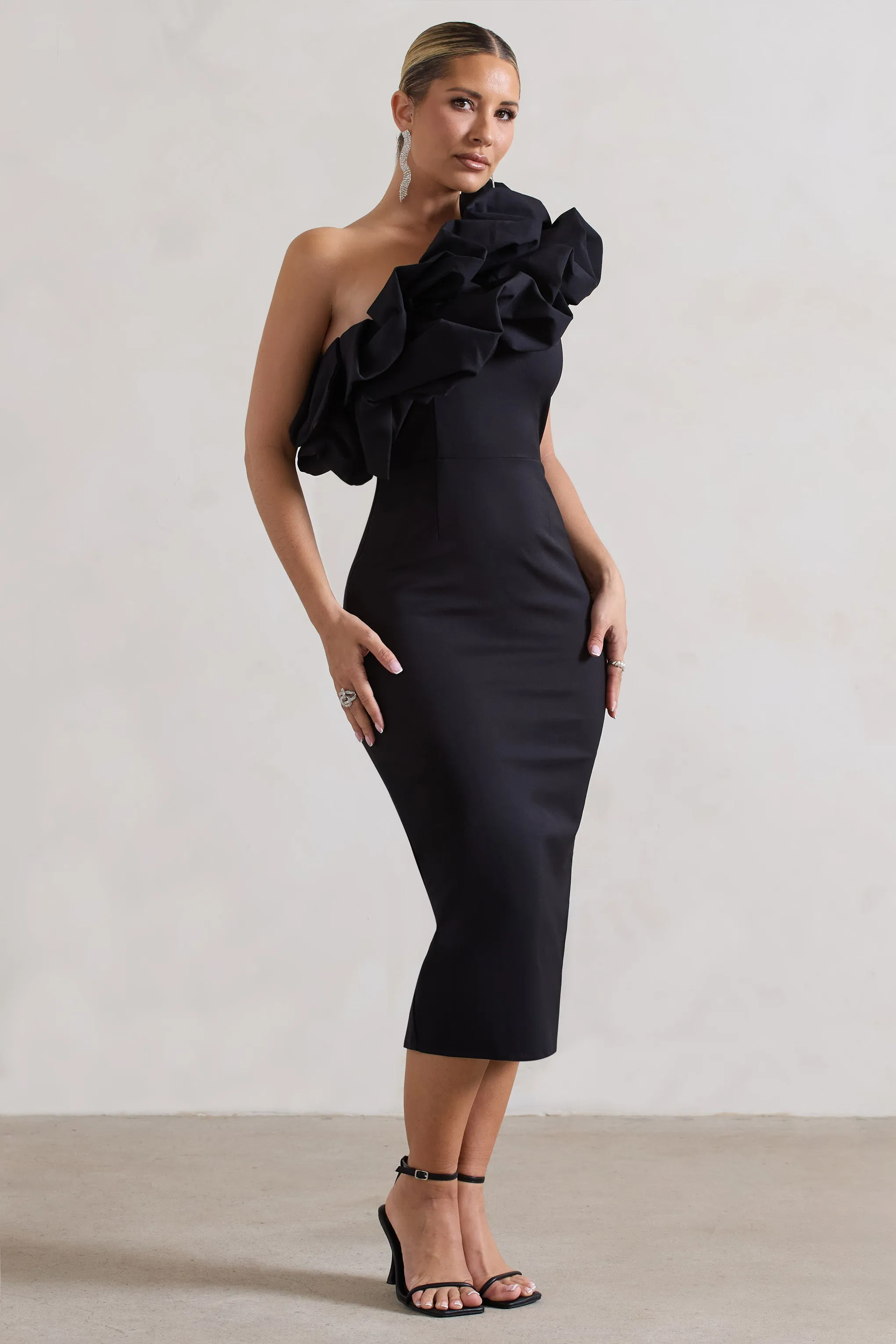 Orchestra | Black One Shoulder Ruffled Midi Dress Club L London