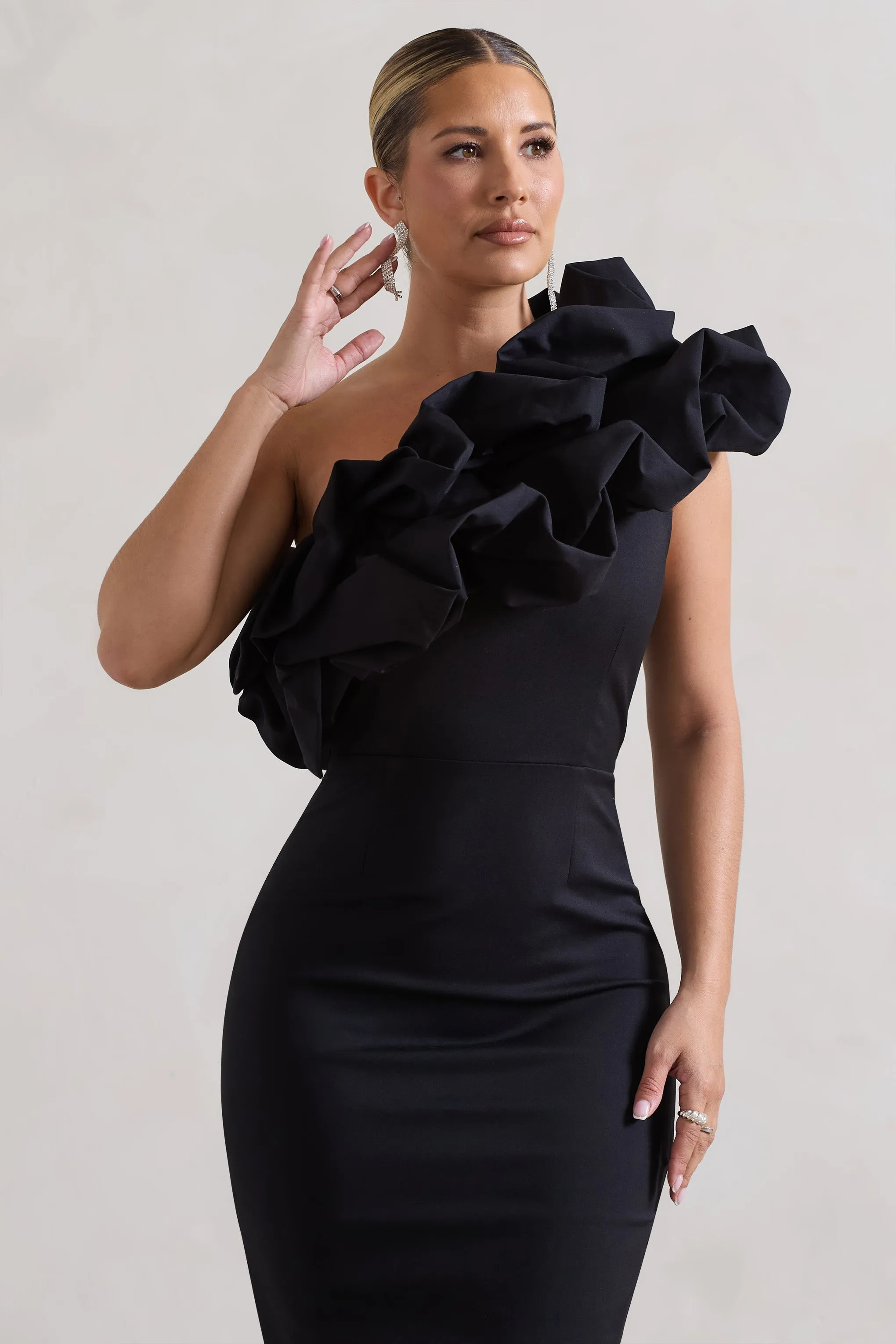 Orchestra | Black One Shoulder Ruffled Midi Dress Club L London