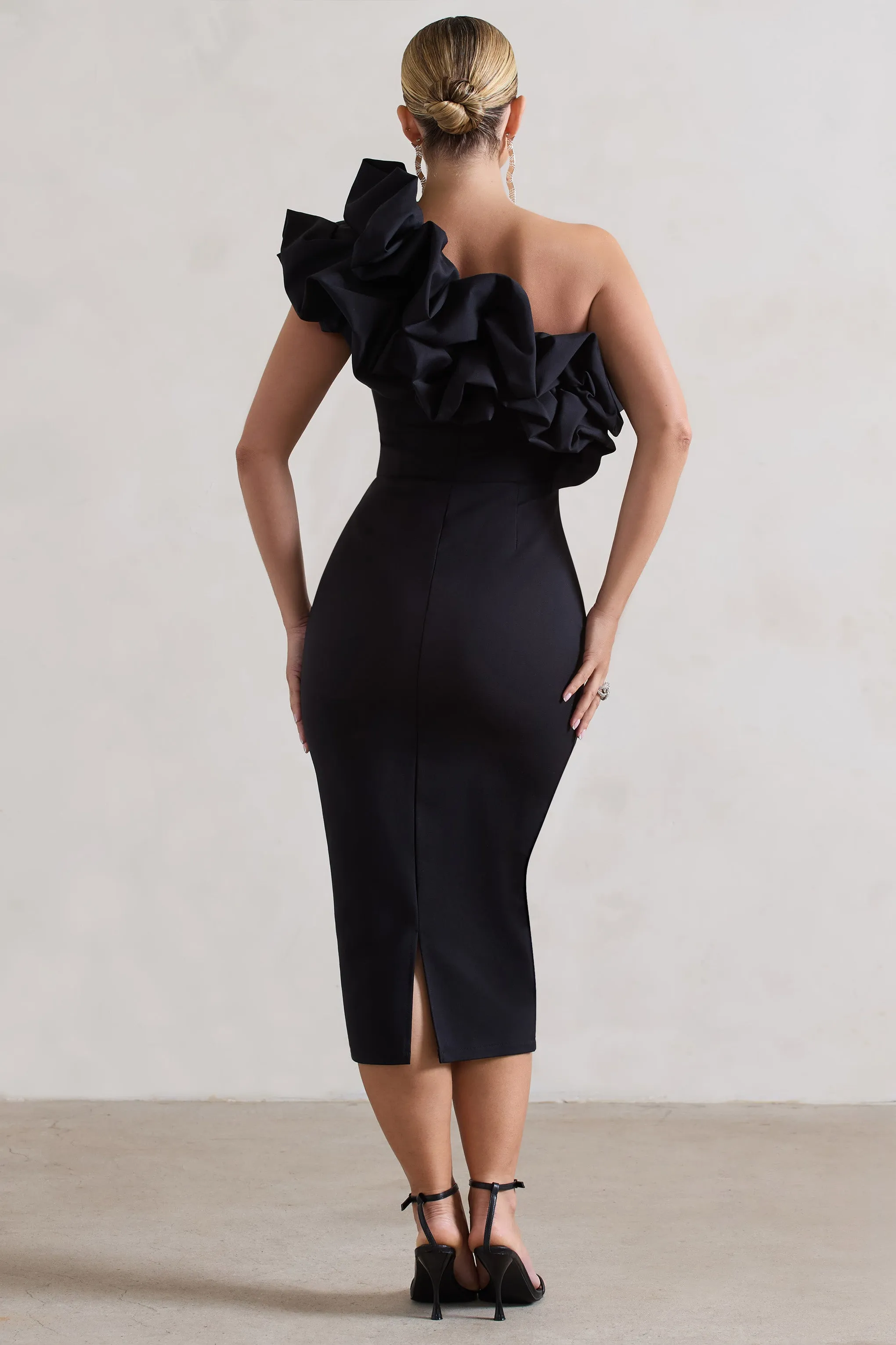 Orchestra | Black One Shoulder Ruffled Midi Dress Club L London