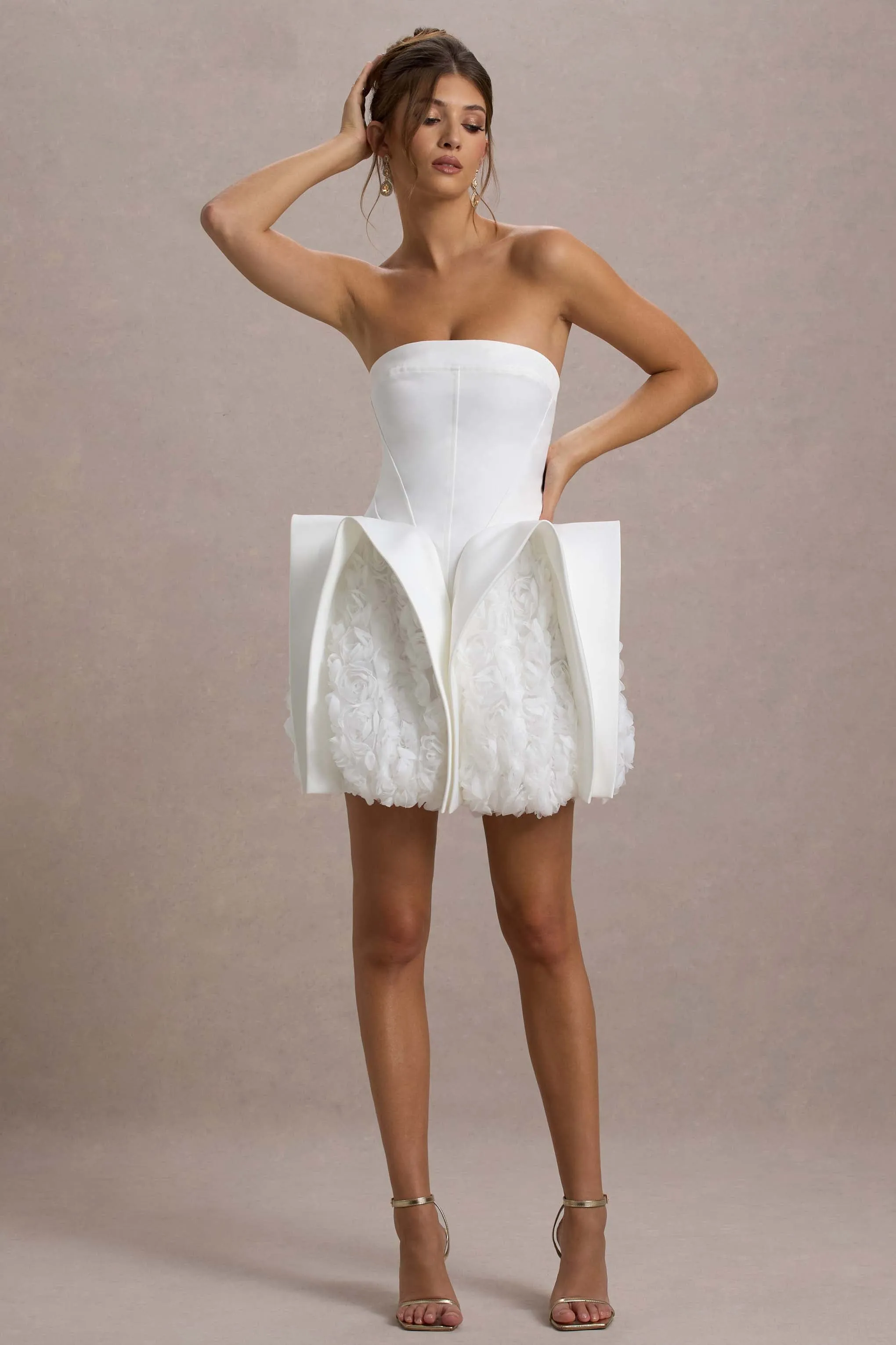 Orchid Oasis | White Bandeau Mini Dress With Puff Floral Hem Club L London