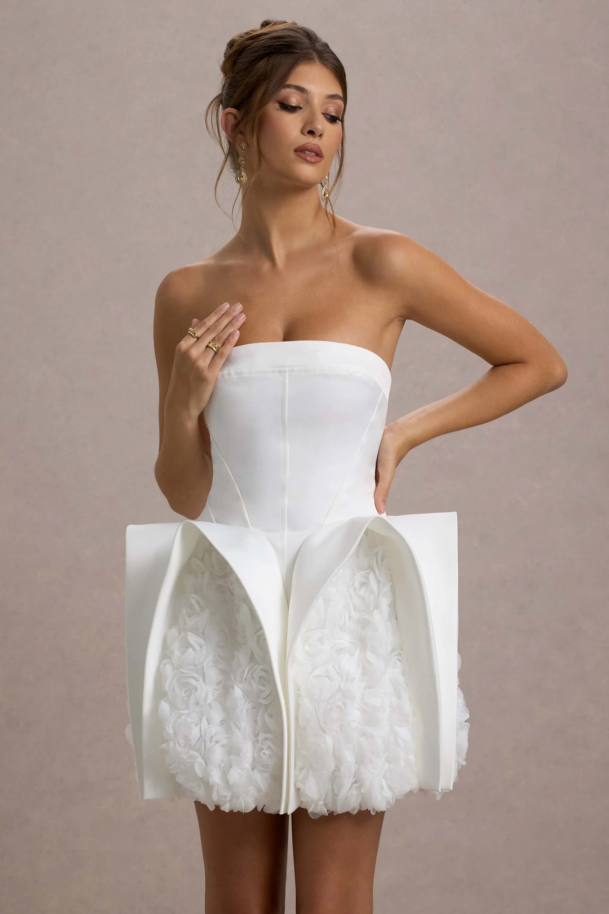 Orchid Oasis | White Bandeau Mini Dress With Puff Floral Hem Club L London