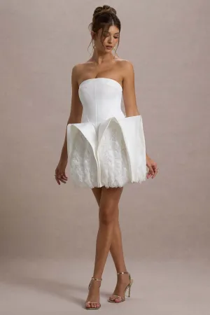 Orchid Oasis | White Bandeau Mini Dress With Puff Floral Hem Club L London