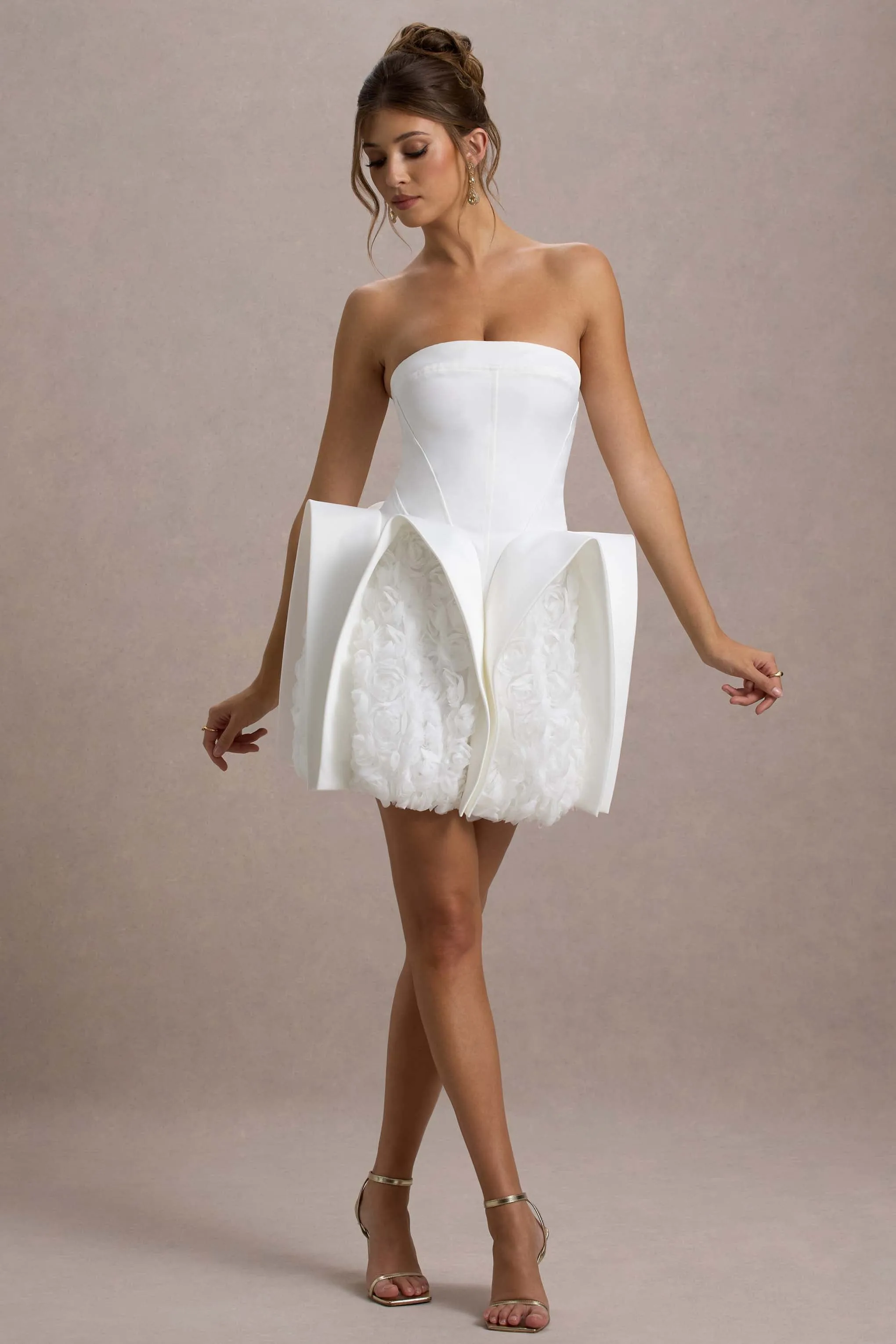 Orchid Oasis | White Bandeau Mini Dress With Puff Floral Hem Club L London