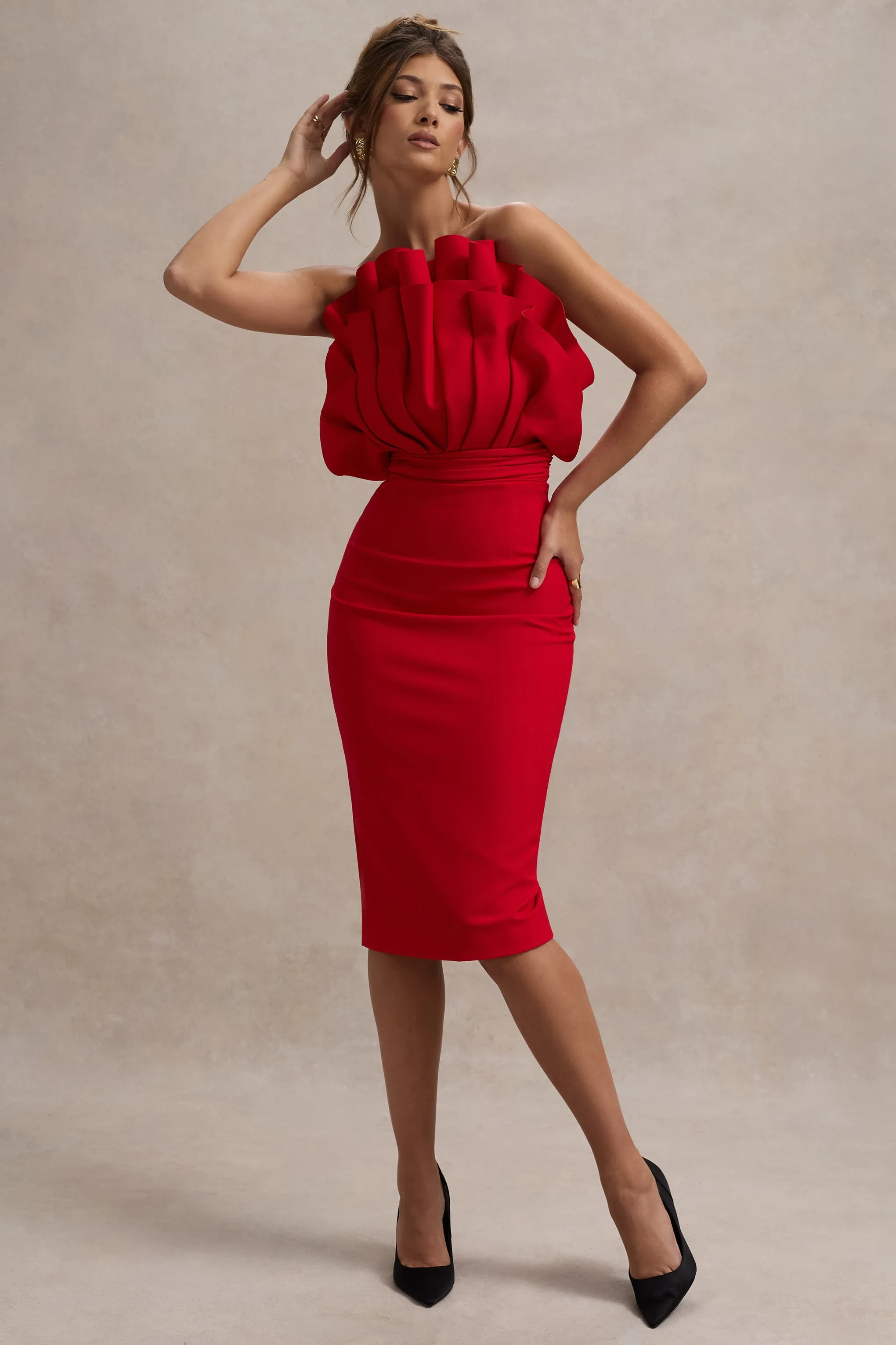 Oria | Red Ruffled Strapless Midi Dress Club L London