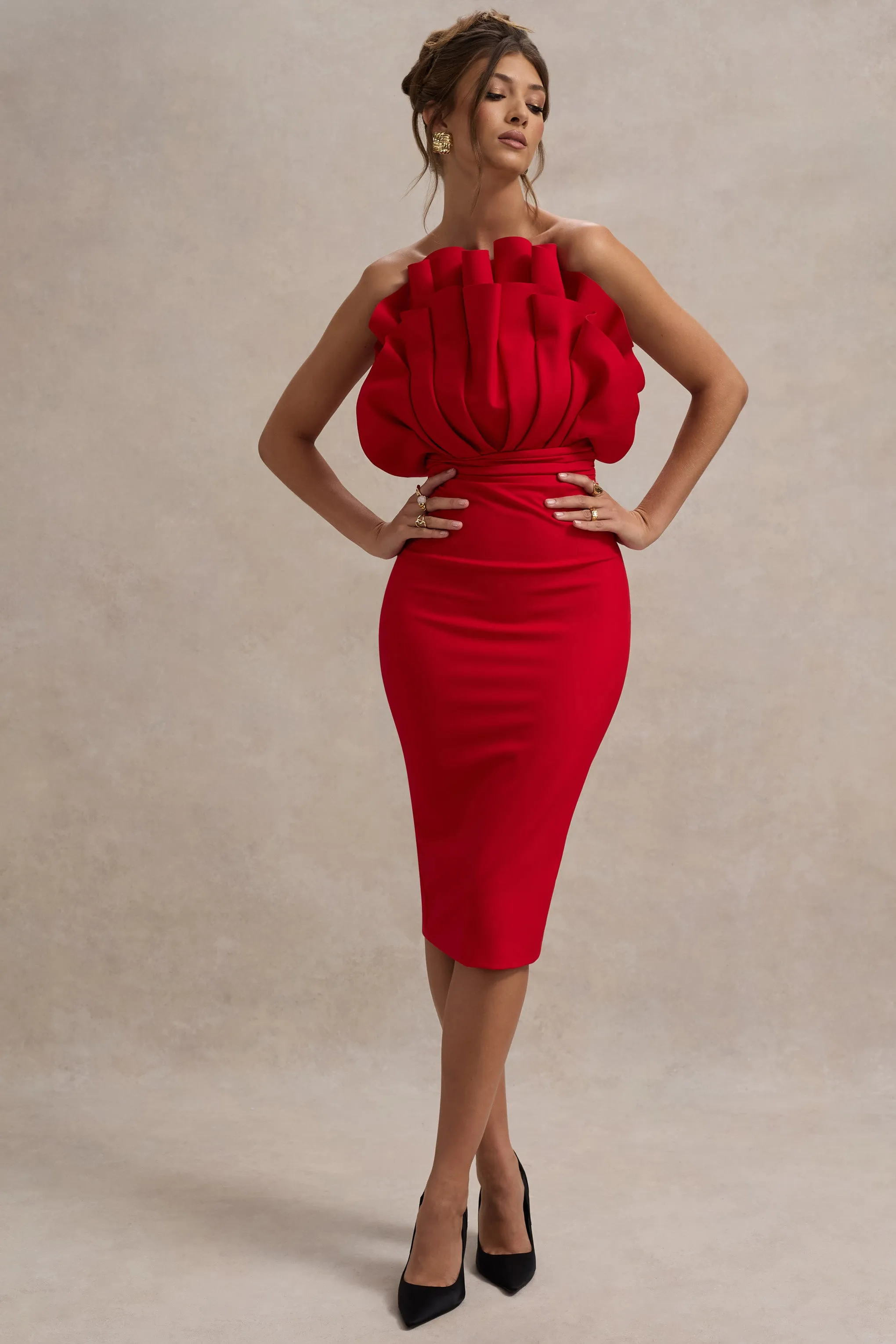 Oria | Red Ruffled Strapless Midi Dress Club L London