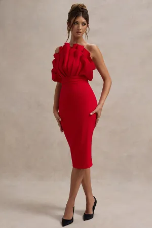 Oria | Red Ruffled Strapless Midi Dress Club L London